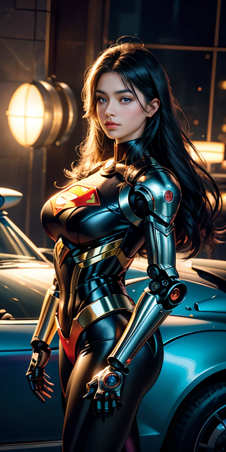 Anime style, (Chica Retrofuturista ciborg robotic Superman), stunningly beautiful portrait photo of Alina Gorokhova, 21-year-old, cuerpo completo, top angle, curvas corporales, ombligo, minifalda, Piel suave y cremosa, Hermosos ojos granates, Hermosos detalles faciales, ((Antecedentes de Manhattan) )), Medium low angle shooting, codicioso y atractivo, incredibly euphoric beautiful, vivid emotion, peach fuzz, symmetrical circular iris, maquillaje natural Glitter, Humedad detallada, Gotitas detalladas, mechones de cabello intrincados detallados, DSLR, reflejado en raytraced, Pino Deni, Bud Melmann de Larry, symmetrical face and body, CGSociety, Gottfried Hernwein e Irakli Nadal, reflejos oculares, Focus, Motor Unreal 5, VFX, Film Photography, Detalle extremo, Ultra HD, Post-procesamiento, post-production, unique face, Tanvir Tamim, ultra-realistic photography, Foto con Hasselblad X1D-50c, ISO 100 , retrofuturista ciborg,ciborg luces ee neon,big tits,rayos rojos en los ojos ,muy sexy