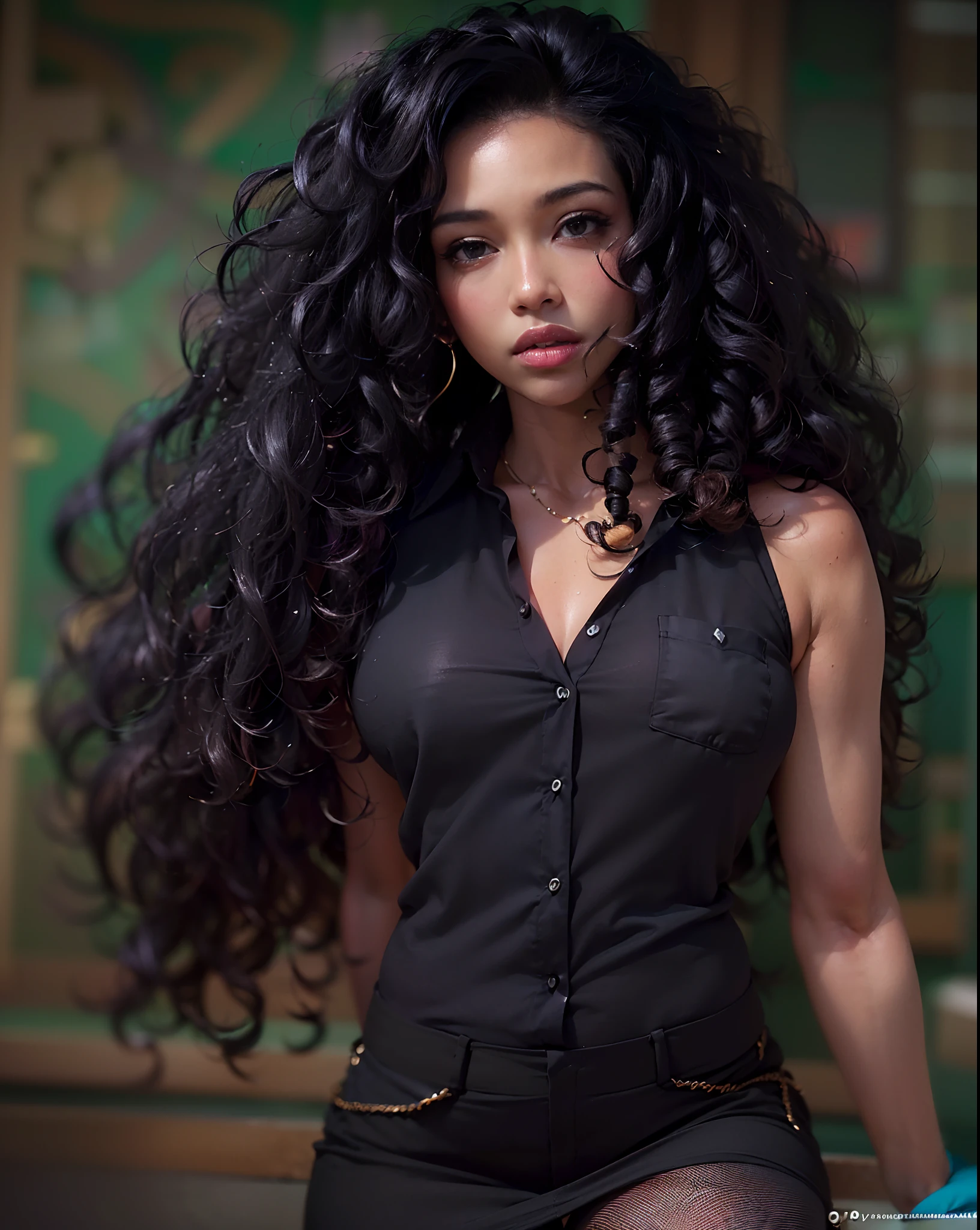 ((21-year-old))) mixed black girl, (((light skin))), (((close-up, full body pose))), (((long curly black hair))), (((seamless black pantyhose))), (((wearing mans button-up shirt, unbuttoned))), Rich, Deep Colours, (intricate details:0.9), (HDR, hyper-detailing:1.2), (natural skin textures, hyper realisitc, glistening skin, soft light, Sharp),