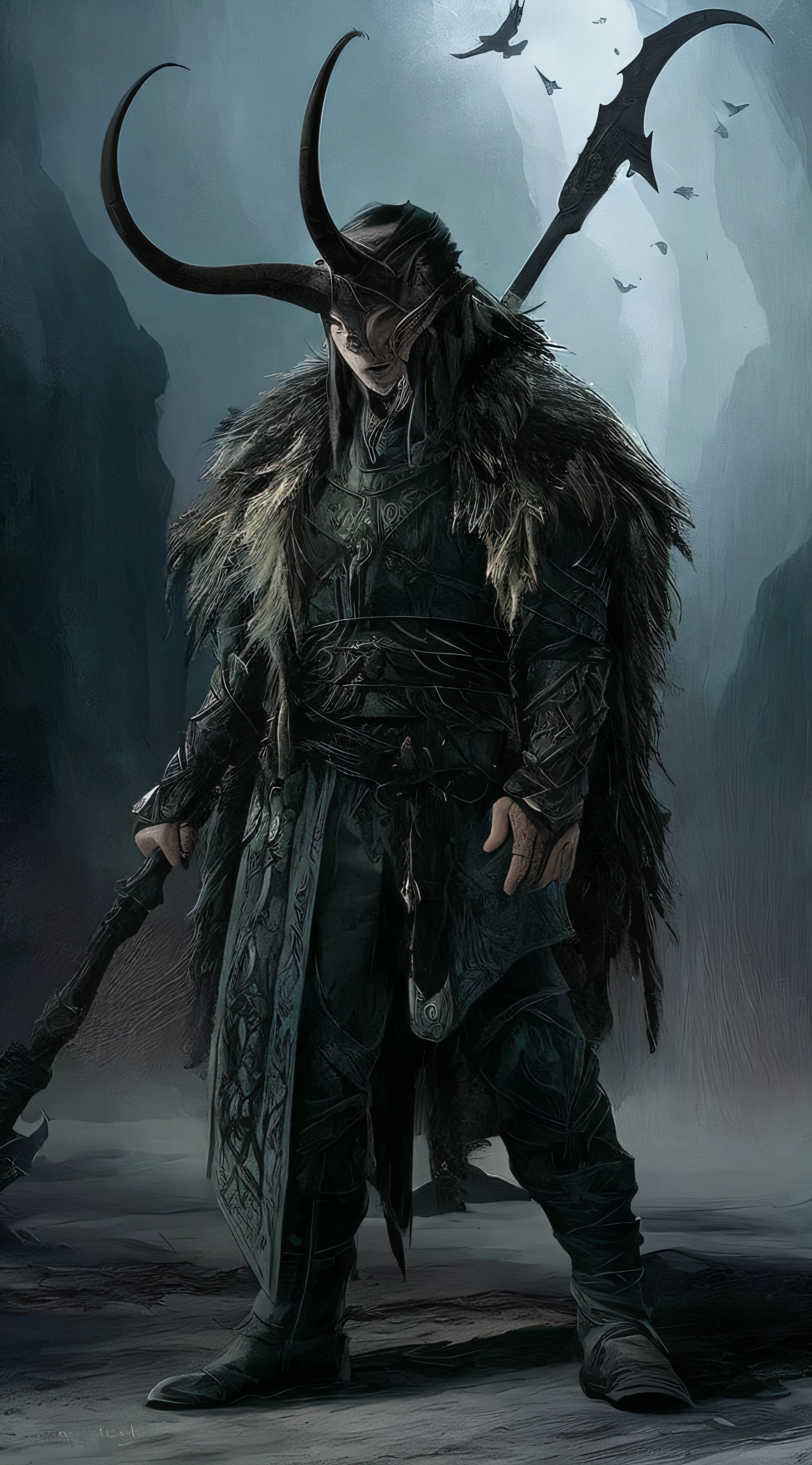 arafed male warrior with horns and a horned head holding a sword, norse warrior, wearing intricate fur armor, druid warrior, dark fantasy character design, complex fantasy character, epic fantasy character art, north female warrior, by Otakar Kubín, epic exquisite character art, dark fantasy style art, concept art of a warrior, viking shaman, greatest elven warrior