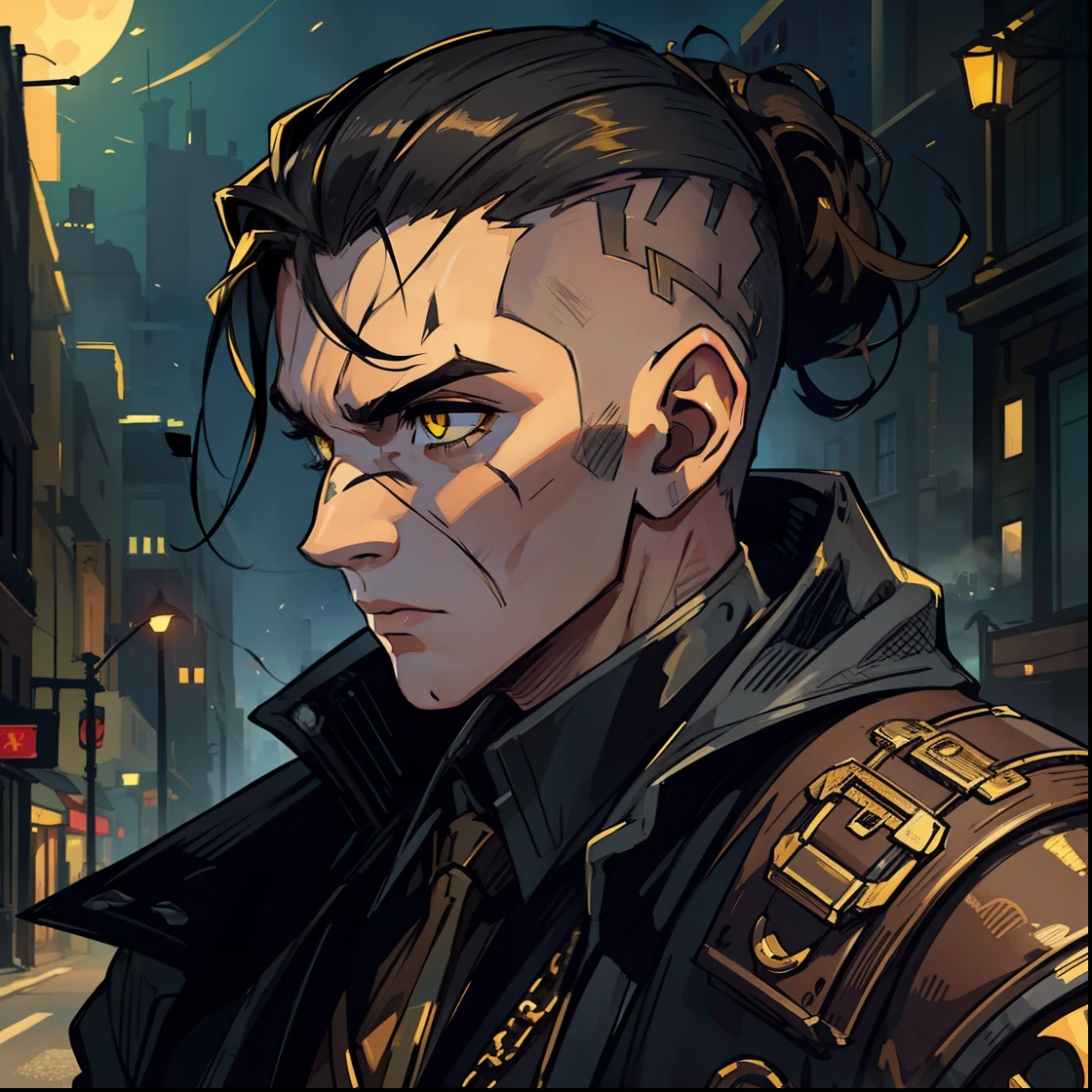 1 Handsome 26-year-old man shaved his hair on the side Exposed arms Steampunk Tattuagens Intense yellow eyes with a look of mystery An art for an RPG A non-human night background of the city ((Very detailed strokes)) ((melhor qualidade))