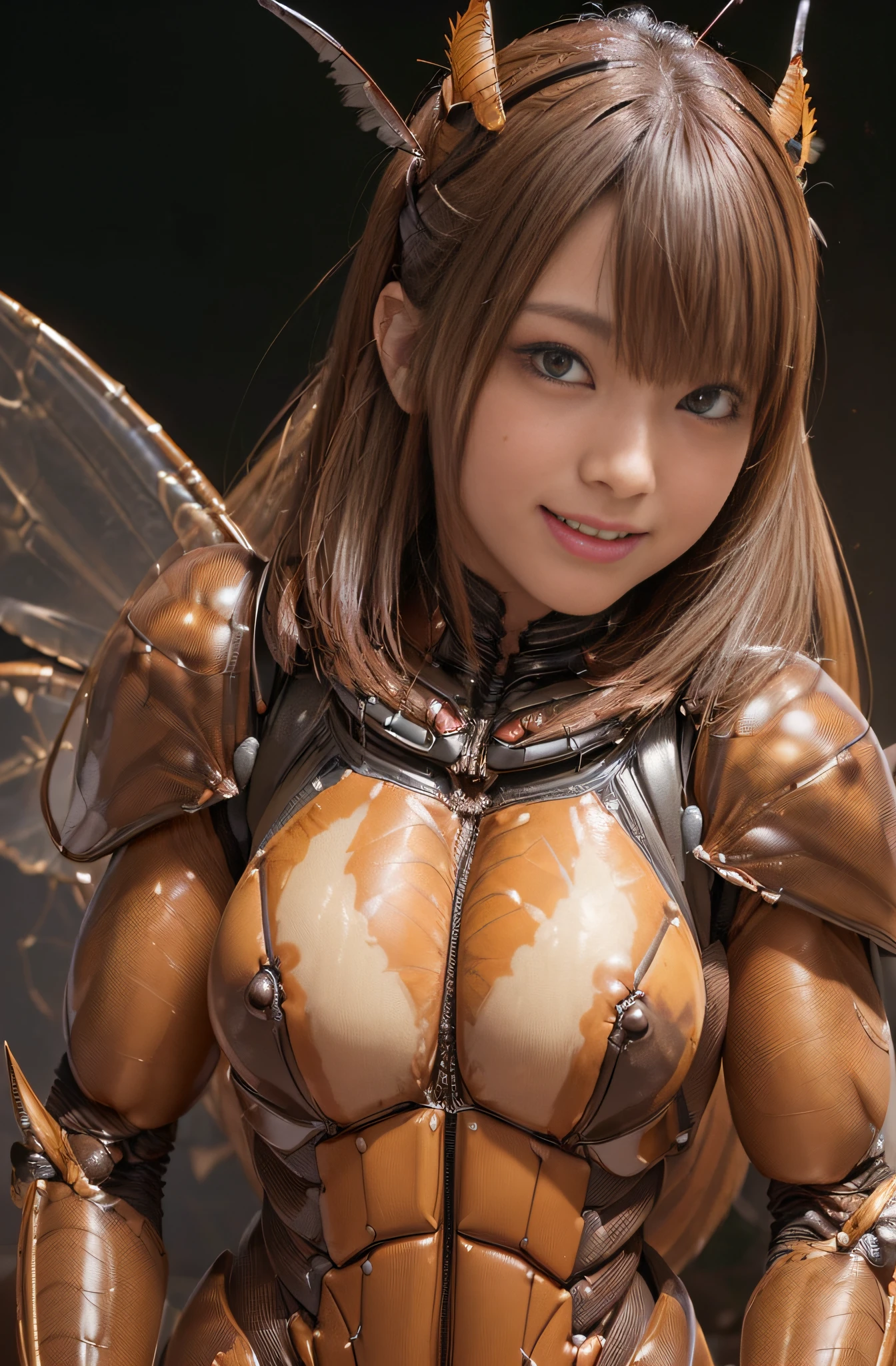 (high resolution,masterpiece,best quality,extremely detailed CG, anime, official art:1.4), realistic, photo, amazing fine details, all intricate, gloss and shiny,awesome many layers, 8k wall paper, 3d, sketch, kawaii, illustration,( solo:1.4), perfect female proportion,villainess, (fusion of dark brown cockroach and lady:1.4), (brown cockroach form lady:1.2), (brown cockroach lady:1.2), (fusion:1.2), (solo:1.4), (evil smile:1.2), muscular, abs, (cockroach brown exoskeleton bio insect suit:1.4), (cockroach brown exoskeleton bio insect armor:1.2), (brown transparency cockroach wing:1.4), (brown cockroach antennae:1.3),