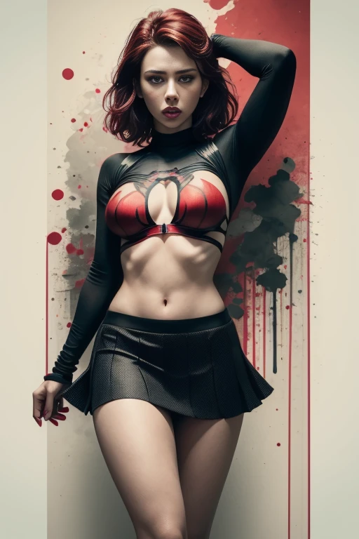 scarlet johansson、Sticking out the navel、newyork、She wears a torn Spider-Man suit,wearing skirt、 Red and black color scheme,Dynamic、​masterpiece、top-quality、ultra-detailliert、ighly detailed、beautiful detailed brilliance、超A high resolution