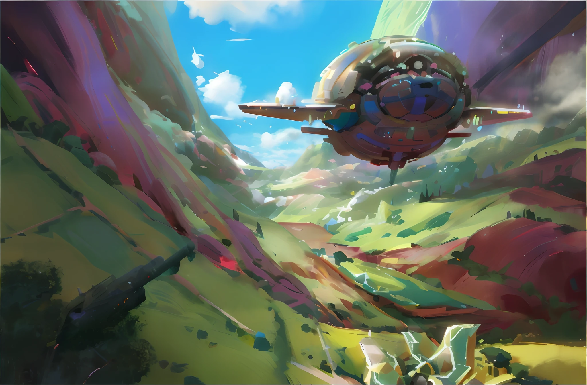 Painting of a spaceship flying over a lush green valley, paul lehr and beeple, colorful concept art, ross tran. scenery background, inspired by Craig Mullins, award winning concept art, illustration concept art, concept art by disney, concept art illustration, Anime fantasy artwork, High quality digital concept art, krenz cushart and artem demura