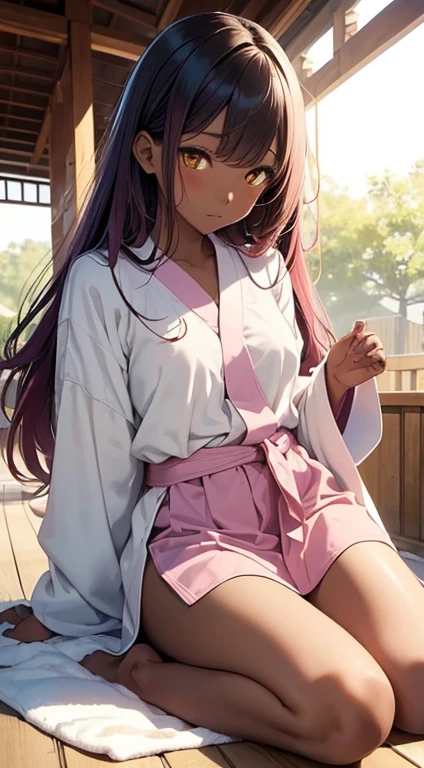 (best quality,masterpiece:1.2),calm,anatomically correct,Japanese girl,dark skin texture,solo,woman,long pink hair,yellow eyes,no panties,exposed vagina,small breast,baggy shirt, white shirt,japanese school uniform,barefoot,on towel,lit by soft morning sunlight,poolside, sitting on a white towel