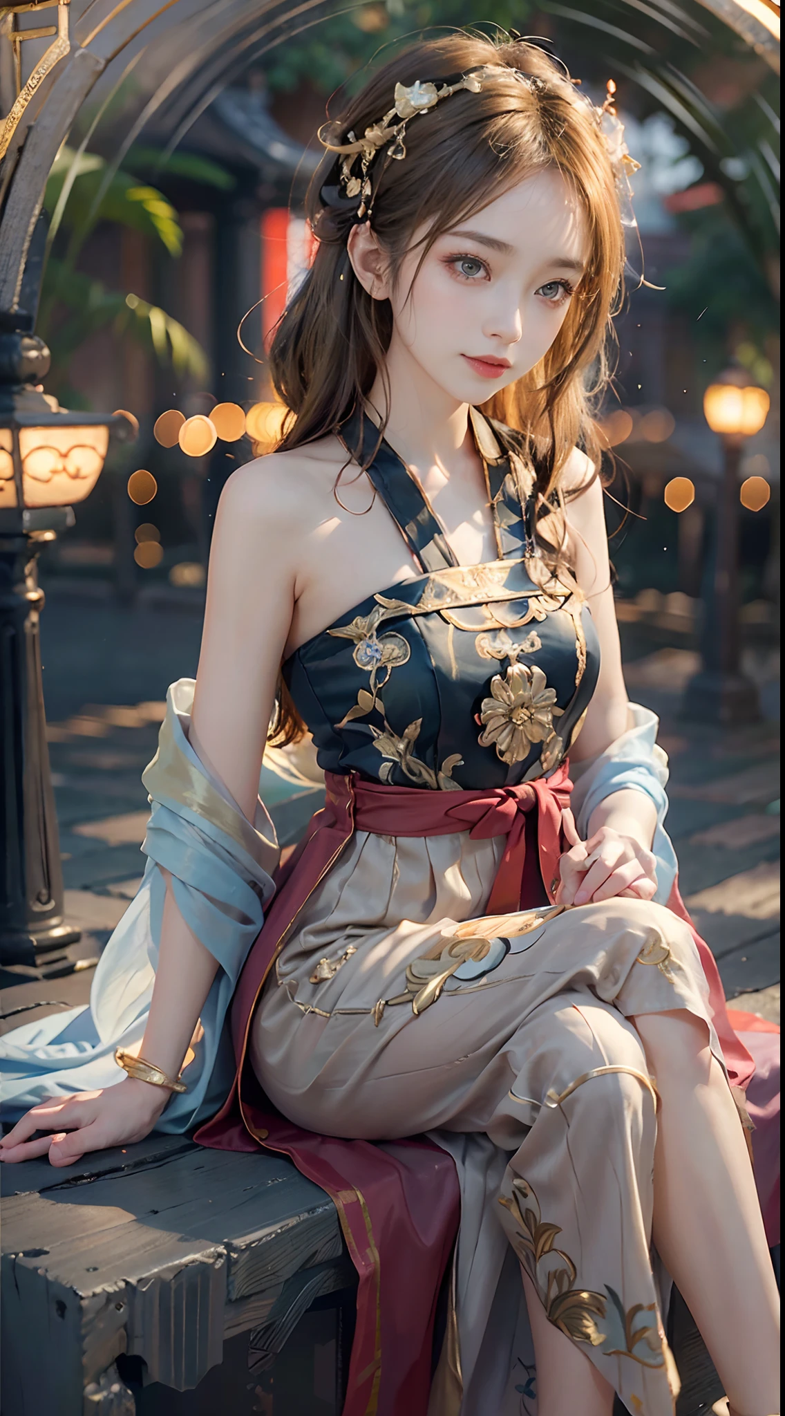 ((knee shot)), Shot from a random perspective, ancient chinese beauti, Random scenes, posed for photo, ellegance, dignified, slim, Slimming the waist, curlies, period costume, Hanfu, Tang suit, cropped shoulders, China-style, Floral, Pattern, high-waist, Nice belt, golden hair, warm lights, Warm tones Slender legs, Cross ed leg, the night, rays of moonlight, In the gazebo, Sit Pose, leaning against pillars, warm lights, a warm color palette, Dynamic pose, posing elegantly, blonde hair, streaked hair, hair ornament, heart-shaped pupils, makeup, light smile, shy, licking lips, Romanticism, Social realism, chiaroscuro, motion blur, anaglyph, Sony FE GM, UHD, masterpiece, textured skin, super detail, best quality