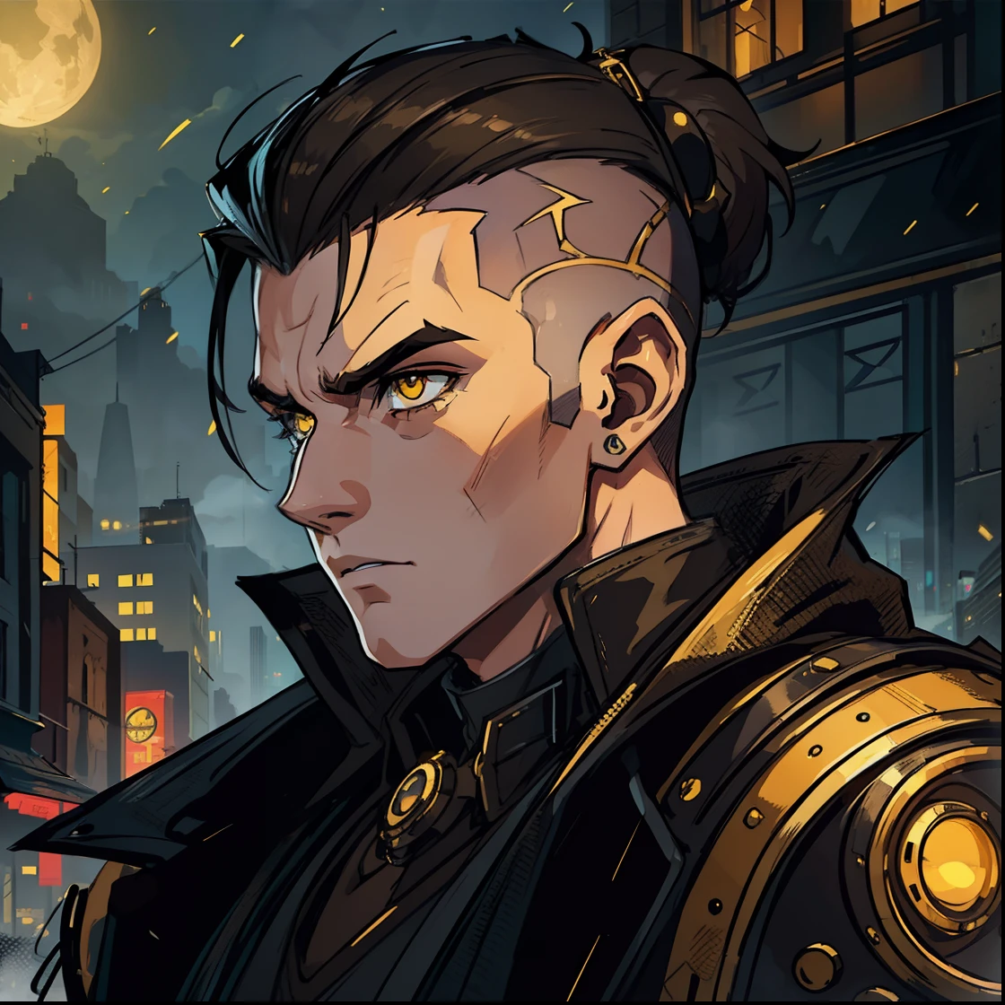1 Handsome 26-year-old man shaved his hair on the side Exposed arms Steampunk Tattuagens Intense yellow eyes with a look of mystery An art for an RPG A non-human night background of the city ((Very detailed strokes)) ((melhor qualidade))