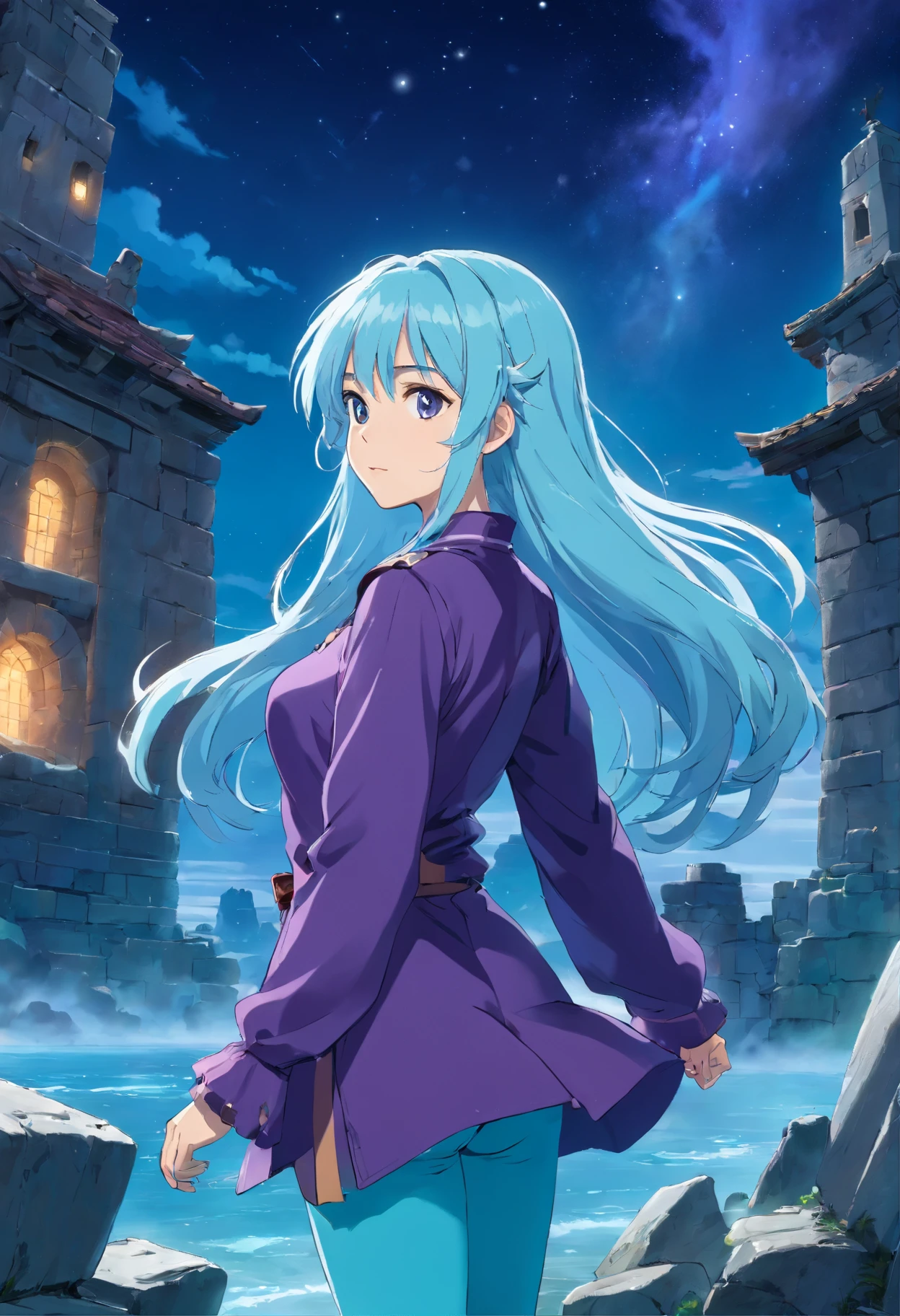 A beautiful young woman (1 girl) about 20 years old. powerful look. Imposing appearance. Long light blue hair, straight hair, ((messy)) hair, ((bangs)). hair blowing in the air. Ice Cristals an light emerging for her right hand. big (right turquoise, left purple) eyes. Turquoise corselet and purple tide pants. Leather boots. Greek templo ruins background at night, with a starry sky.