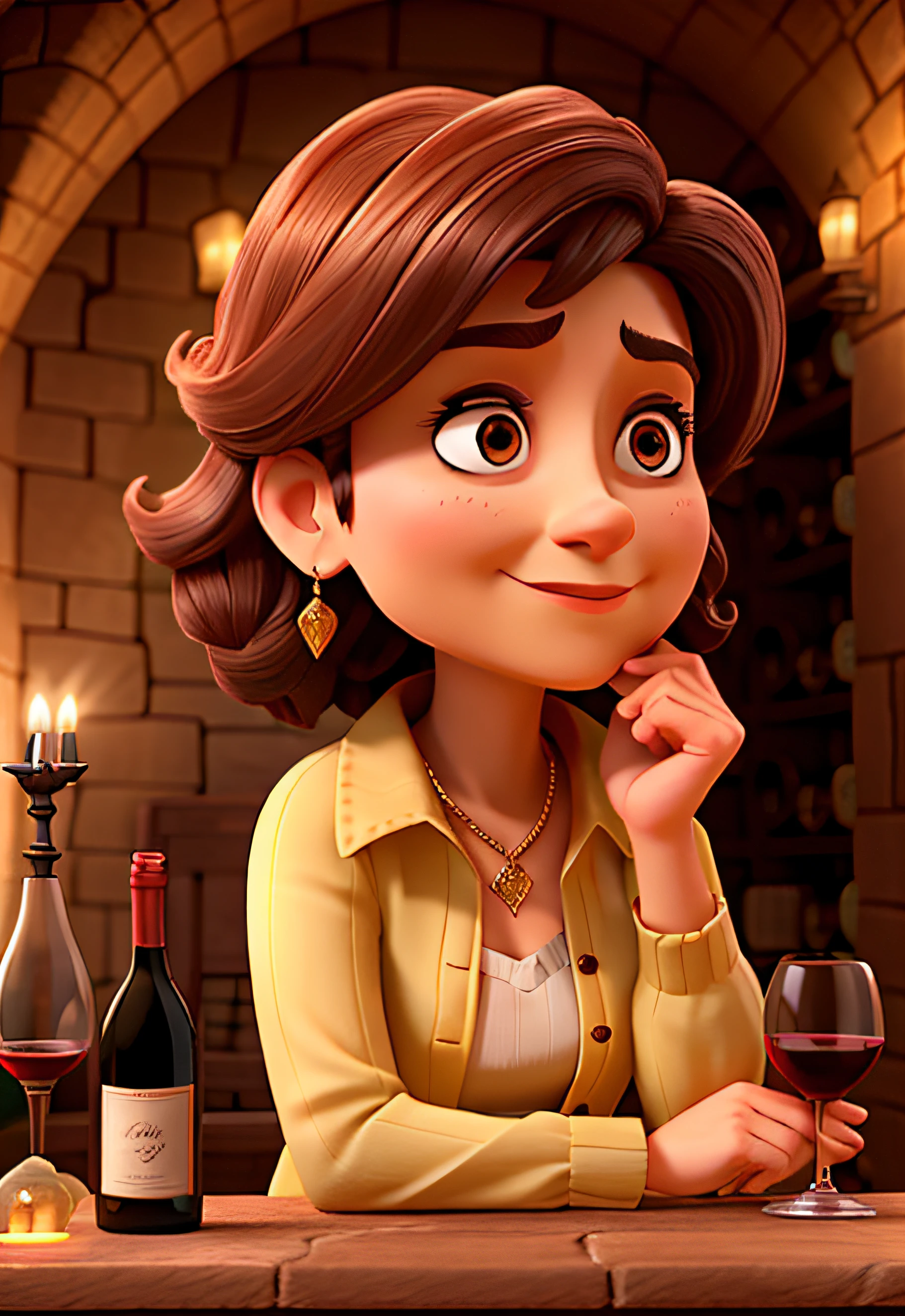 A wise and mature woman in front, illuminated by the light of a lamp, Against the backdrop of a wine cellar holding a glass of wine in his hand near his nose