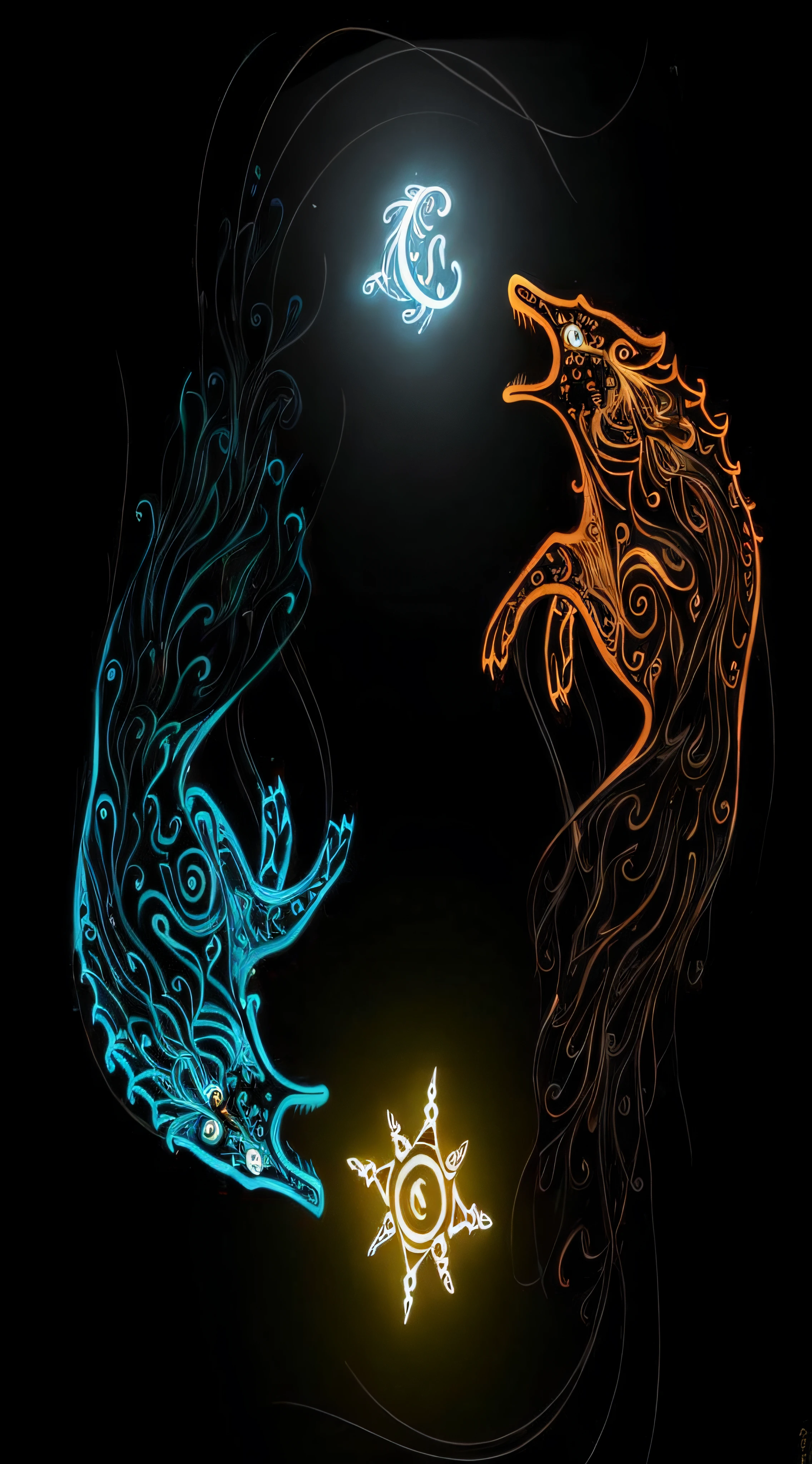 a close up of two animals with a star in the background, a beautiful artwork illustration, sirius a and sirius b, [[fantasy]], hd artwork, 3 0, beautiful gemini good and evil, orange fire/blue ice duality!, beautiful artwork, artistic illustration, amoled wallpaper, pisces, very coherent stylized artwork, amazing, magical sigils