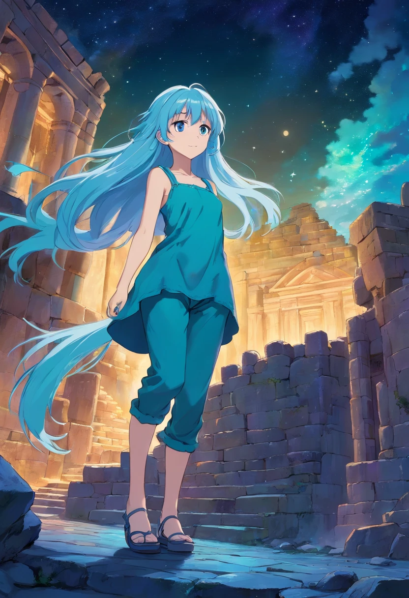 A beautiful young woman (1 girl) about 20 years old. powerful look. Imposing appearance. Long light blue hair, straight hair, ((messy)) hair, ((bangs)). hair blowing in the air. big (right turquoise, left purple) eyes. Turquoise corselet and purple tide pants. Leather boots. Launching light from right hand. Greek templo ruins background at night, with a starry sky.