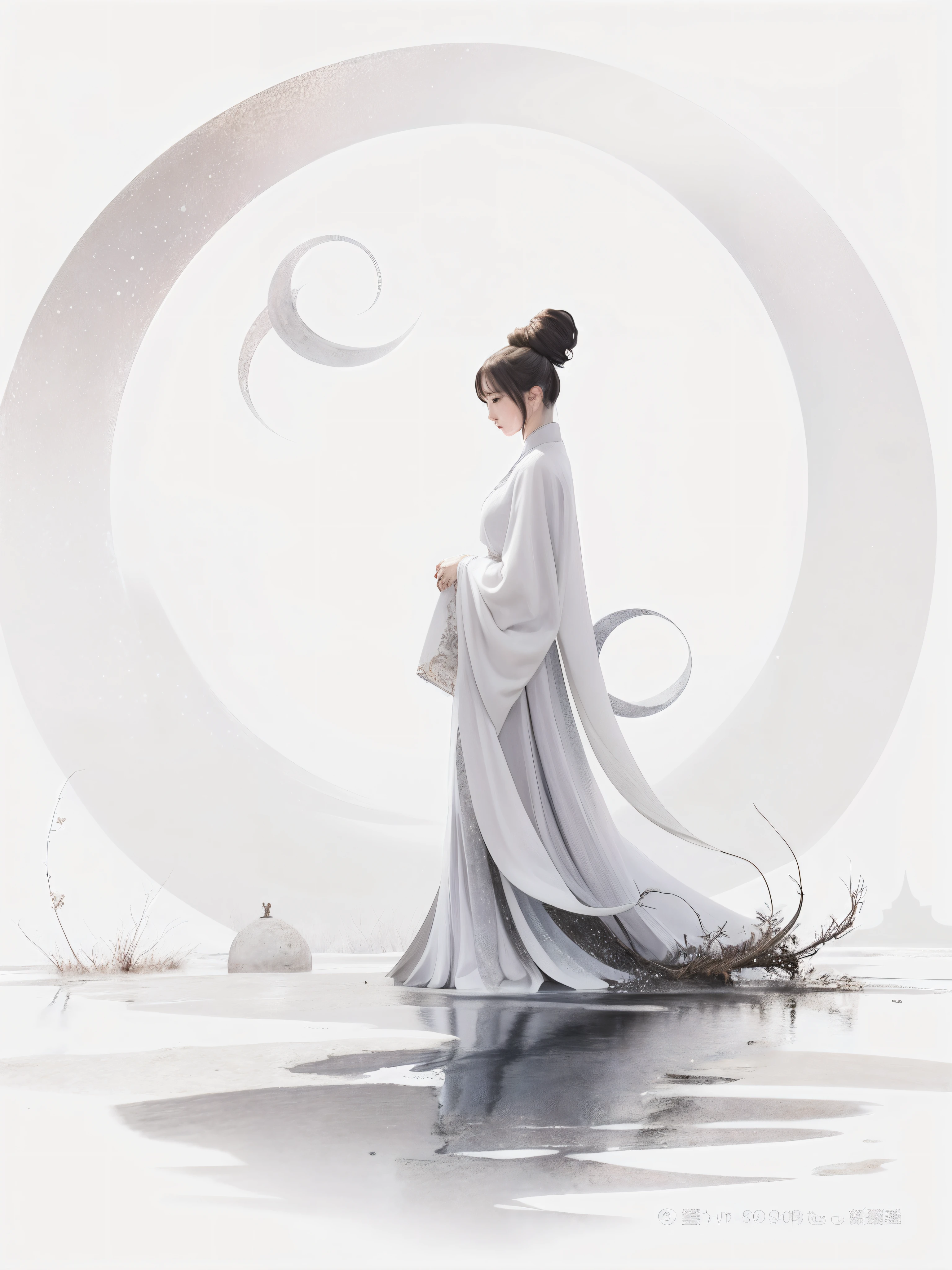 Draw a woman in a white dress walking in a circle, Palace ， A girl in Hanfu, White Hanfu,detail face, close eyes, Beautiful character painting, A beautiful artwork illustration, by Yang J, flowing white robe, author：Zhou Fang, Beautiful digital artwork, Chinese painting style, Hanfu, author：Qu Leilei, Inspired by Tang Yifen, inspired by Tang Yin