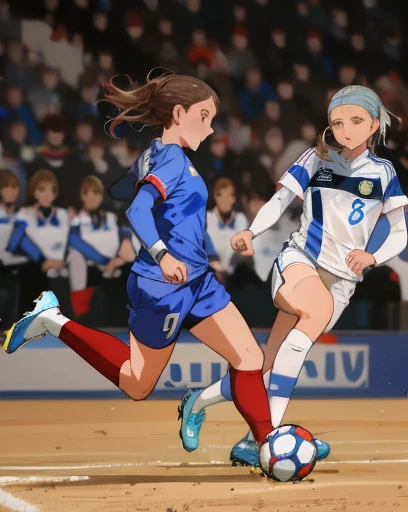female soccer player in blue kicking the ball while another player in red and white runs behind her, simona sbaffi is the captain, jenna barton, by Christen Dalsgaard, magdalena radziej, cover shot, viktoria gavrilenko, corinne day, fra, amanda clarke, irina french, laura sava, malika favre, afp