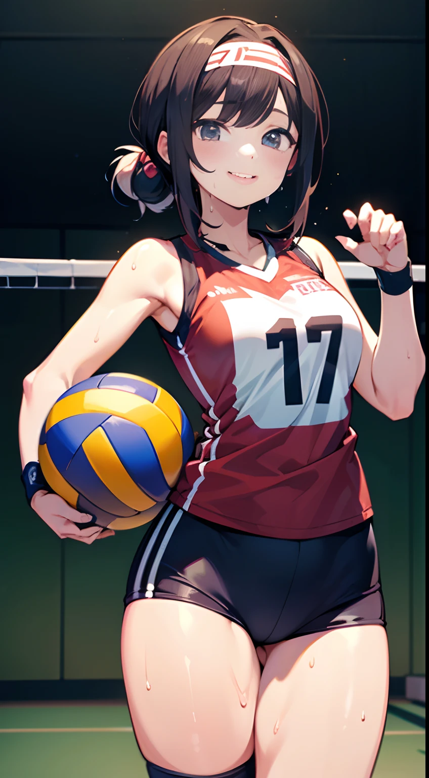 UHD, anatomically correct, 8k, (((masterpiece))), (((best quality))), (((ultra detailed))), (((high-resolution))), ((super fine illustration)), ((Ultimate cutie)), detailed beautiful face, solo, one girl, , (potbelly), (curvy), medium breasts, ((Thick thighs)), shiny hair, smile, (blush), BREAK, (((buruma))), (sleeveless volleyball uniform), headband, ((wrist bands)), ((kneepads)), BREAK, ((hold the Beautiful spherical shape 6-inch volleyball with both hands)), stylish pose, ((sweat)), (perspired), (heavy breathing), sense of depth, in gymnasium, lighting, looking at viewers,