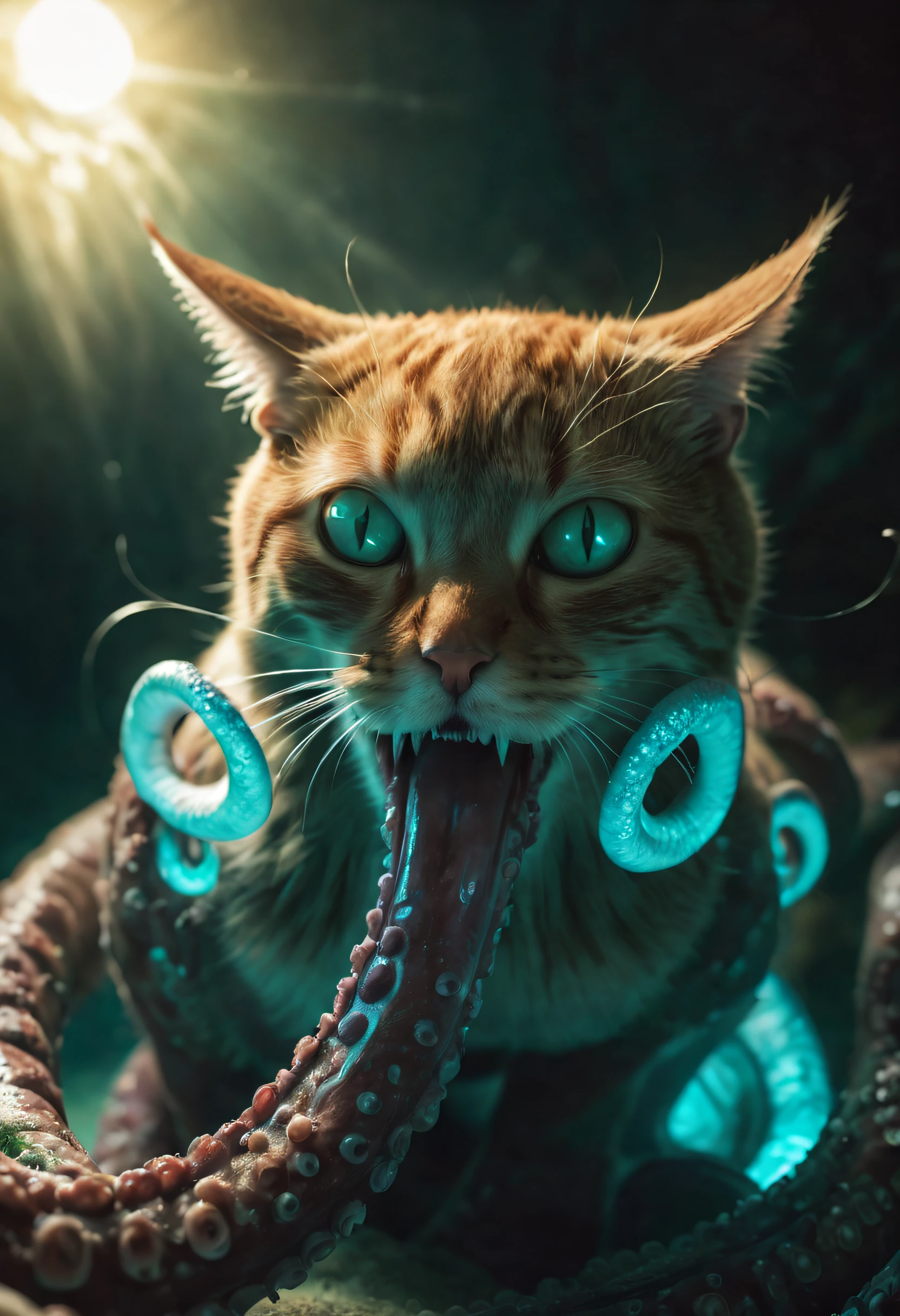 In a meticulously rendered and eerie scene, (depict an otherworldly cat with mesmerizing bioluminescent octopus like tentacles emerging from its mouth:1.2), god rays, ray tracing, reflection light, Realism, highres, best quality, 16k, textured skin, anatomically correct