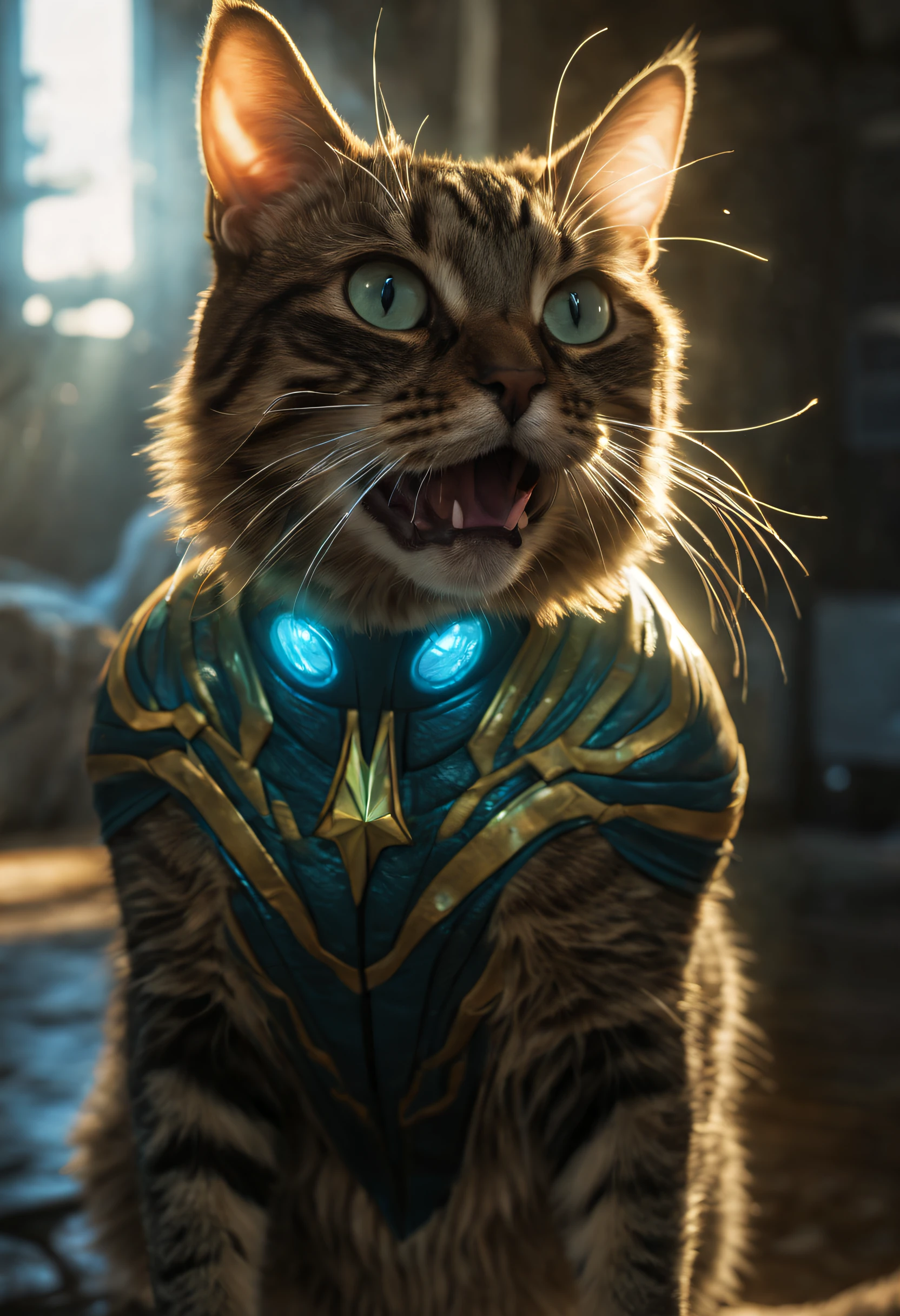 In a meticulously rendered and eerie scene, (alien cat wearing captain marvel dress:1.2), (mesmerizing bioluminescent tentacles emerging from cat's mouth:1.3), god rays, ray tracing, reflection light, Realism, highres, best quality, 16k, textured skin,
