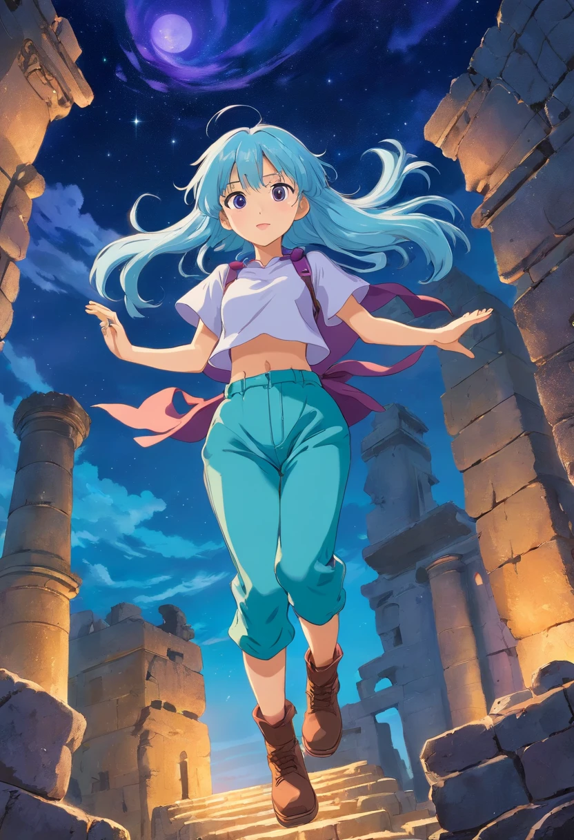 A beautiful young woman (1 girl) about 20 years old. powerful look. Imposing appearance. Long light blue hair, straight hair, ((messy)) hair, ((bangs)). hair blowing in the air. big (right turquoise, left purple) eyes. Turquoise corselet and purple tide pants. Leather boots. Jumping in the air. Greek templo ruins background at night, with a starry sky.