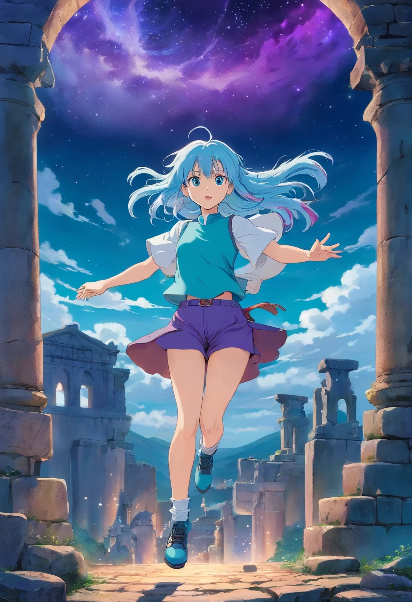 A beautiful young woman (1 girl) about 20 years old. powerful look. Imposing appearance. Long light blue hair, straight hair, ((messy)) hair, ((bangs)). hair blowing in the air. big (right turquoise, left purple) eyes. Turquoise corselet and purple tide pants. Leather boots. Jumping in the air. Greek templo ruins background at night, with a starry sky.