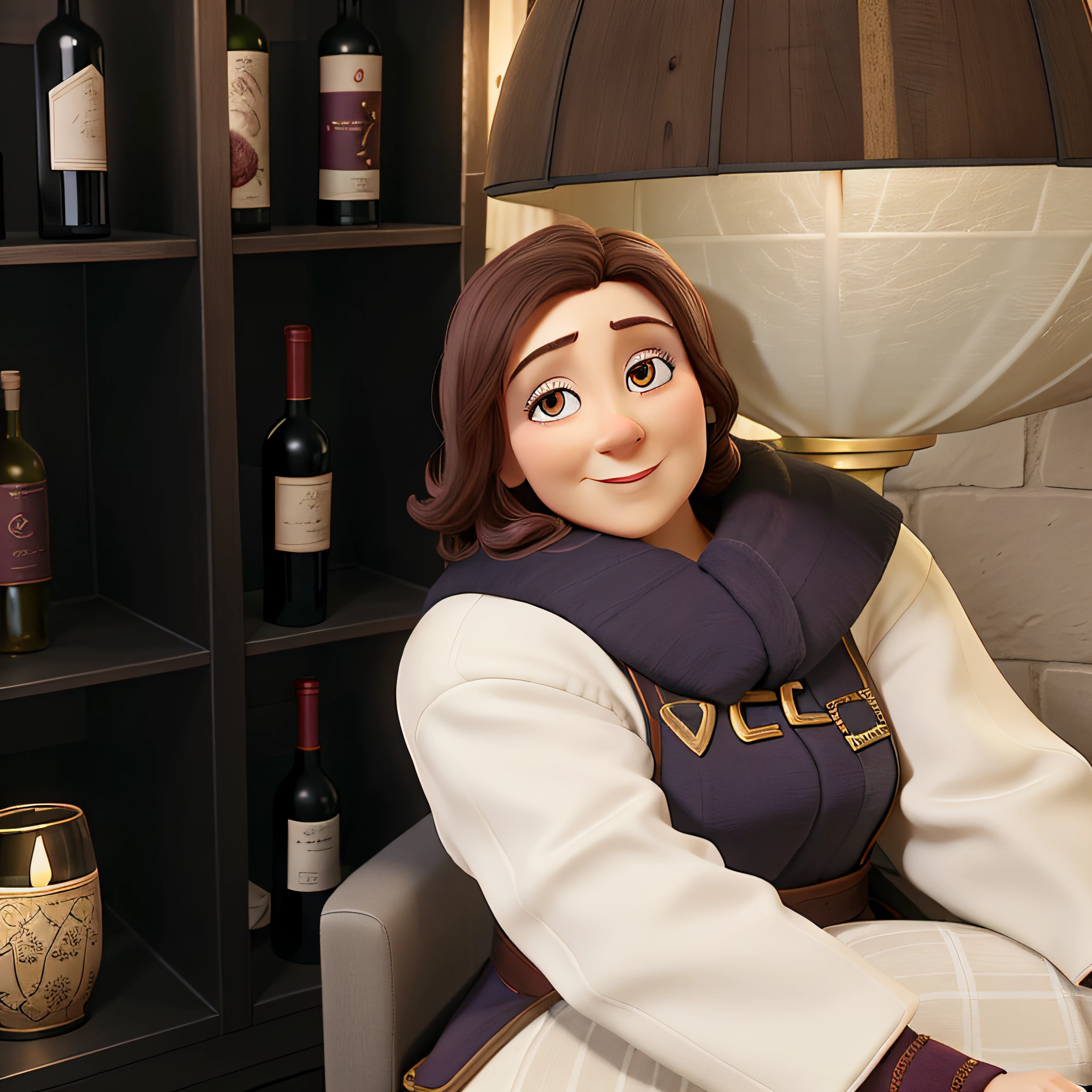 A wise and mature woman in front, illuminated by the light of a lamp, Against the backdrop of a wine cellar holding a glass of wine in his hand near his nose