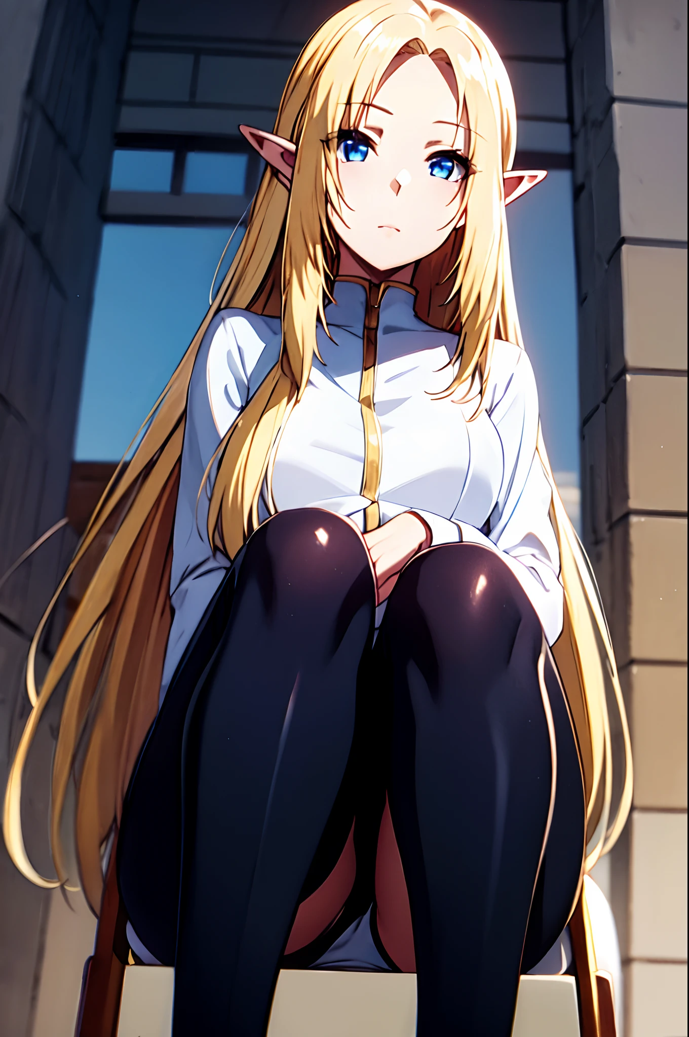 sitting squating looking down look at the viewer from below,1girl, blonde hair, blue eyes, very long hair, elf, pointy ears,