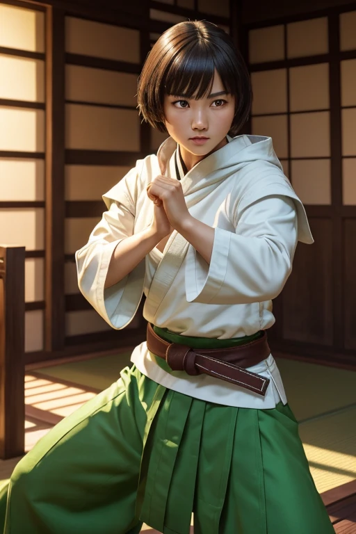 1girl, Chinese features, (age late teens:1), D&D Monk, female Human, (martial artist), beautiful lady, detailed face, beautiful face, short hair, bobcut hair, wide eyes, detailed eyes, brown eyes, martial arts gi clothing, white and green gi, long skirt, green cloak, detailed belt, cloth belt, gloves and bracers, action pose, (martial arts pose:1), background of medieval Japanese village, background of green and blue, vivid colors studio lighting, ultra-detailed, HD anime.