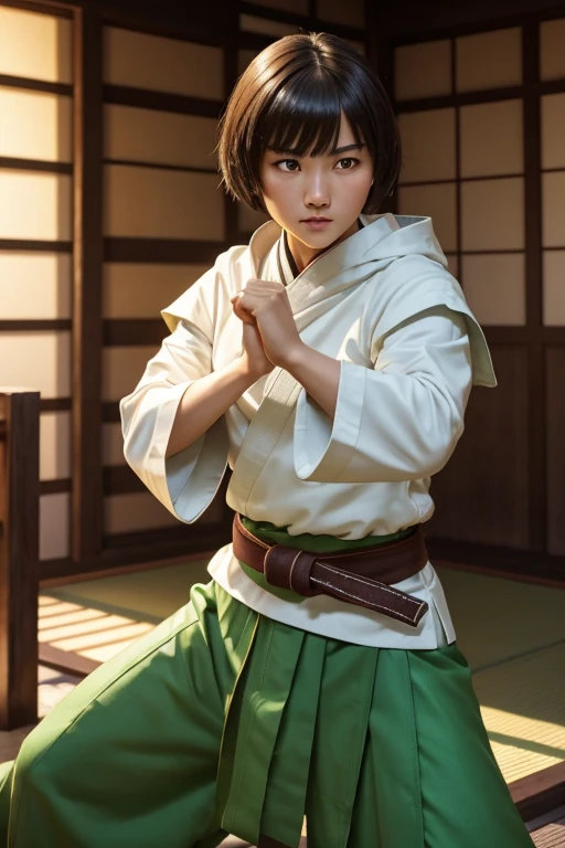 1girl, Chinese features, (age late teens:1), D&D Monk, female Human, (martial artist), beautiful lady, detailed face, beautiful face, short hair, bobcut hair, wide eyes, detailed eyes, brown eyes, martial arts gi clothing, white and green gi, long skirt, green cloak, detailed belt, cloth belt, gloves and bracers, action pose, (martial arts pose:1), background of medieval Japanese village, background of green and blue, vivid colors studio lighting, ultra-detailed, HD anime.