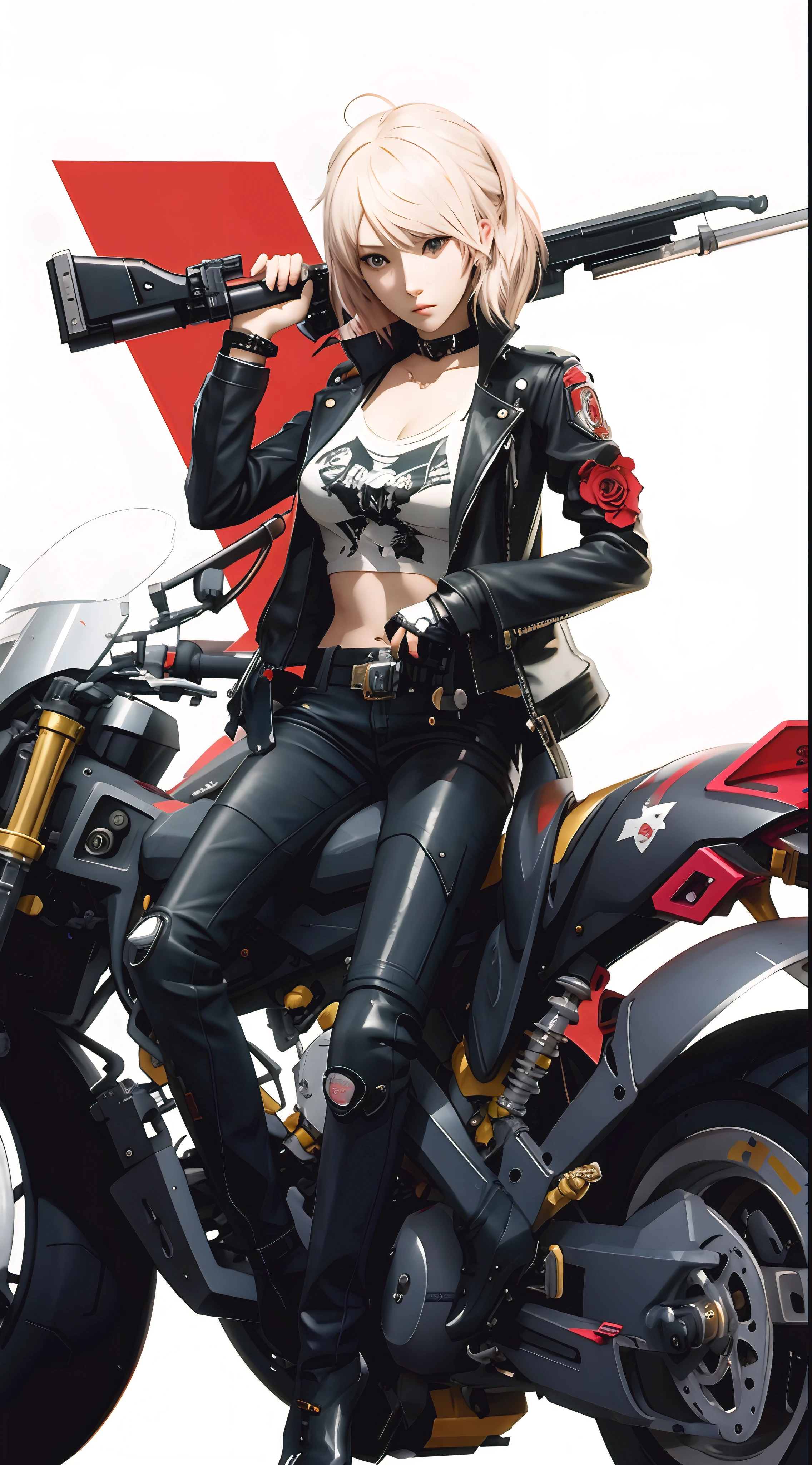 anime girl sitting on a motorcycle with a gun on her shoulder, persona 5 art style wlop, badass anime 8 k, rumble roses, no more heroes concept art, cushart krenz key art feminine, persona 5 style, by Yang J, sitting on cyberpunk motorbike, motorcycle concept art, made with anime painter studio, female action anime girl, motorbiker, nikke sugar character