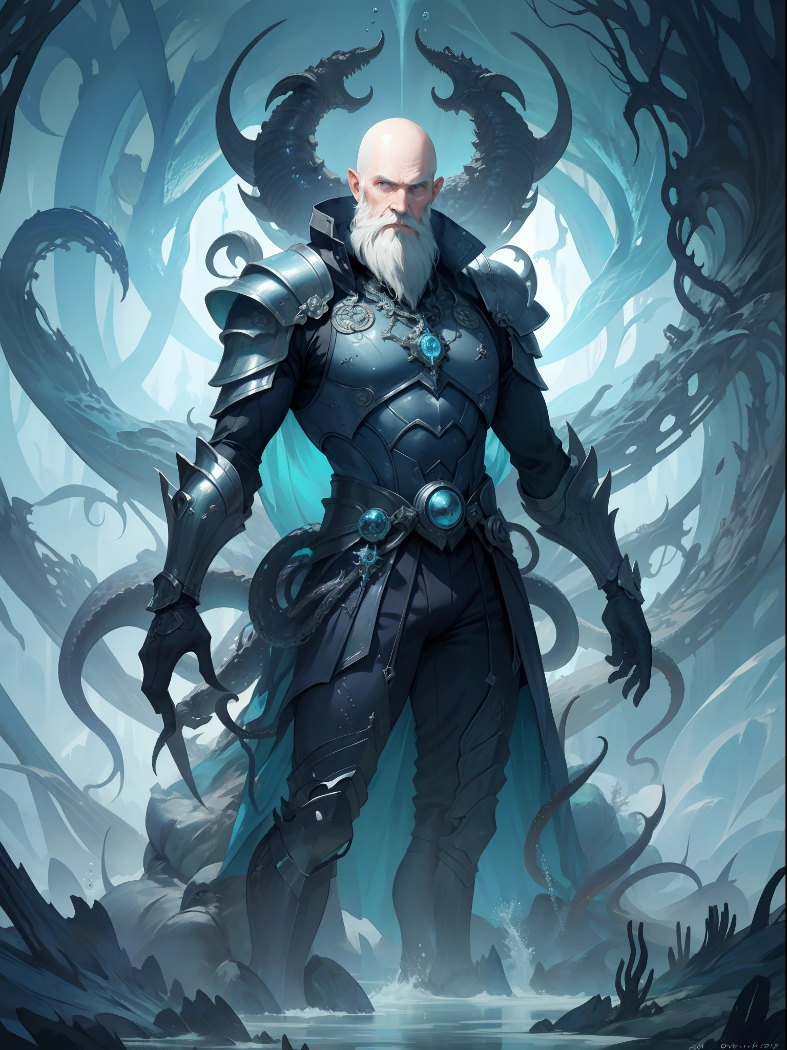 Cthulhu,Monster,A polluted underwater world,Gloomy picture,Nuclear contamination, skinny old man, long white beard, fantasy armor, bald head