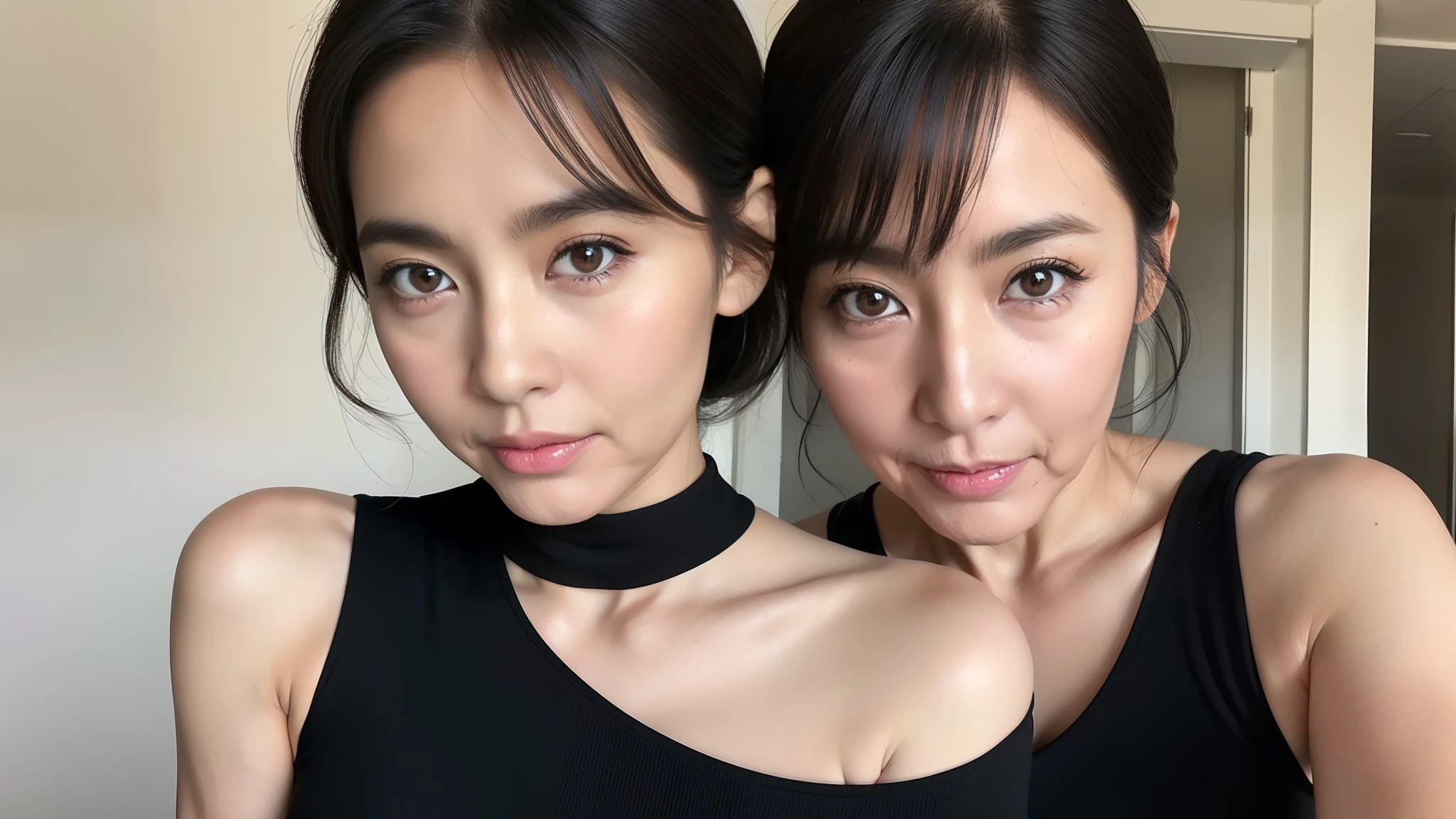 japanese mature, (Solo), 50 years old, (Wrinkles at the corners of the eyes:1.2), Large breasts, A MILF, glamor, A sexy, Chromo-white skin, Looking at Viewer、Super large udder、Wearing a sleeveless top、Tight Fit Dresses、Muchimuchi、Black outfit, close-up for profile photo
