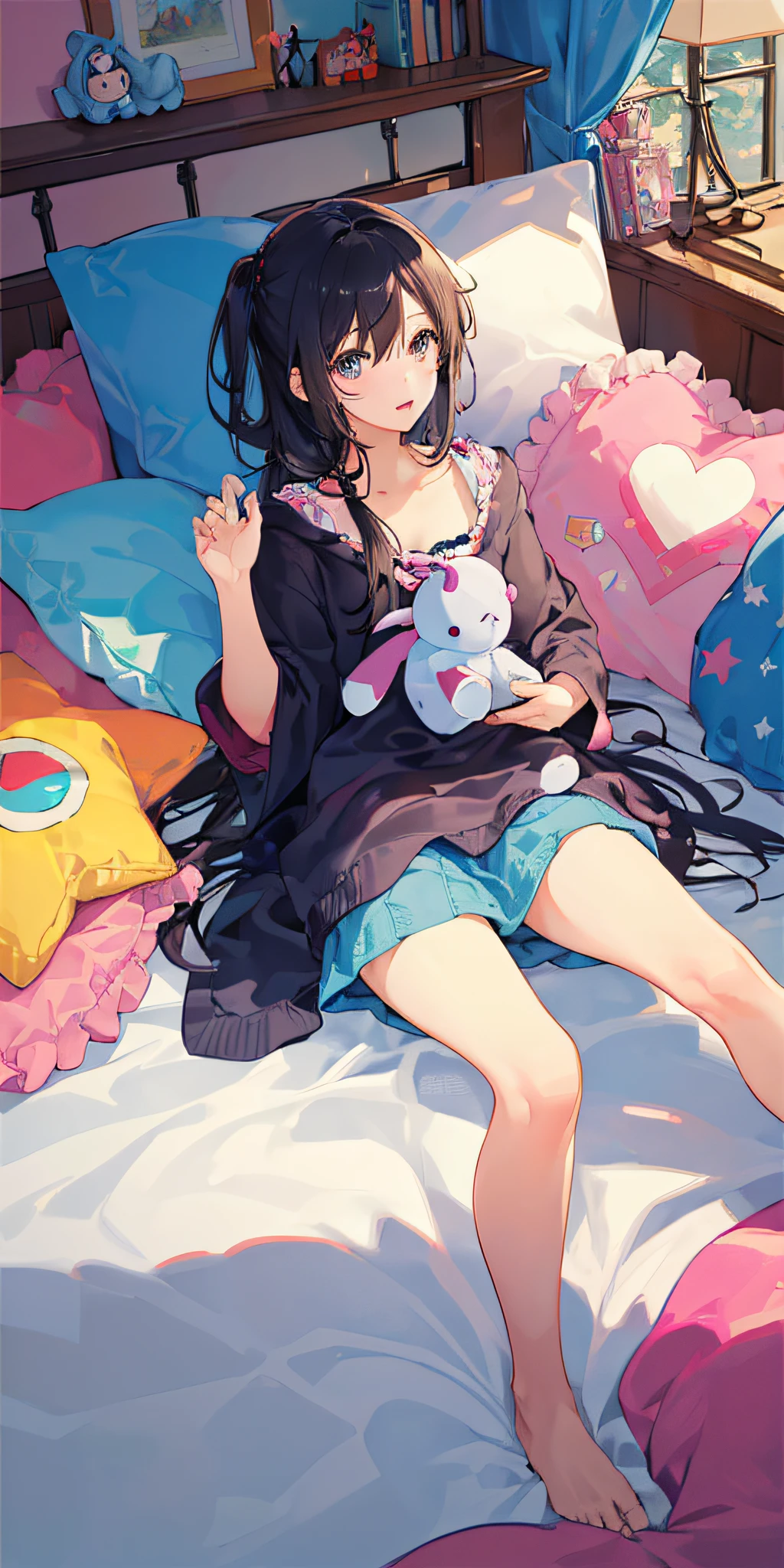 ((masterpiece,best quality)),(1girl),beautiful detailed eyes,colorful, vivid color, messy room, stuffed toy, toy, pillow, blanket, cushion,