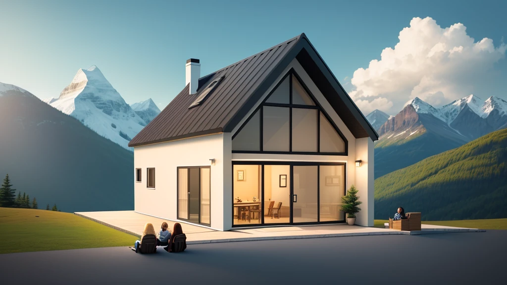 Mountainside,There is a cottage,Two girls drinking latte coffee outside the house