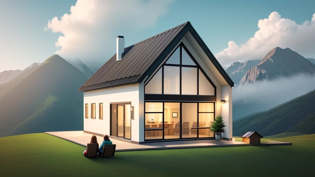 Mountainside,There is a cottage,Two girls drinking latte coffee outside the house