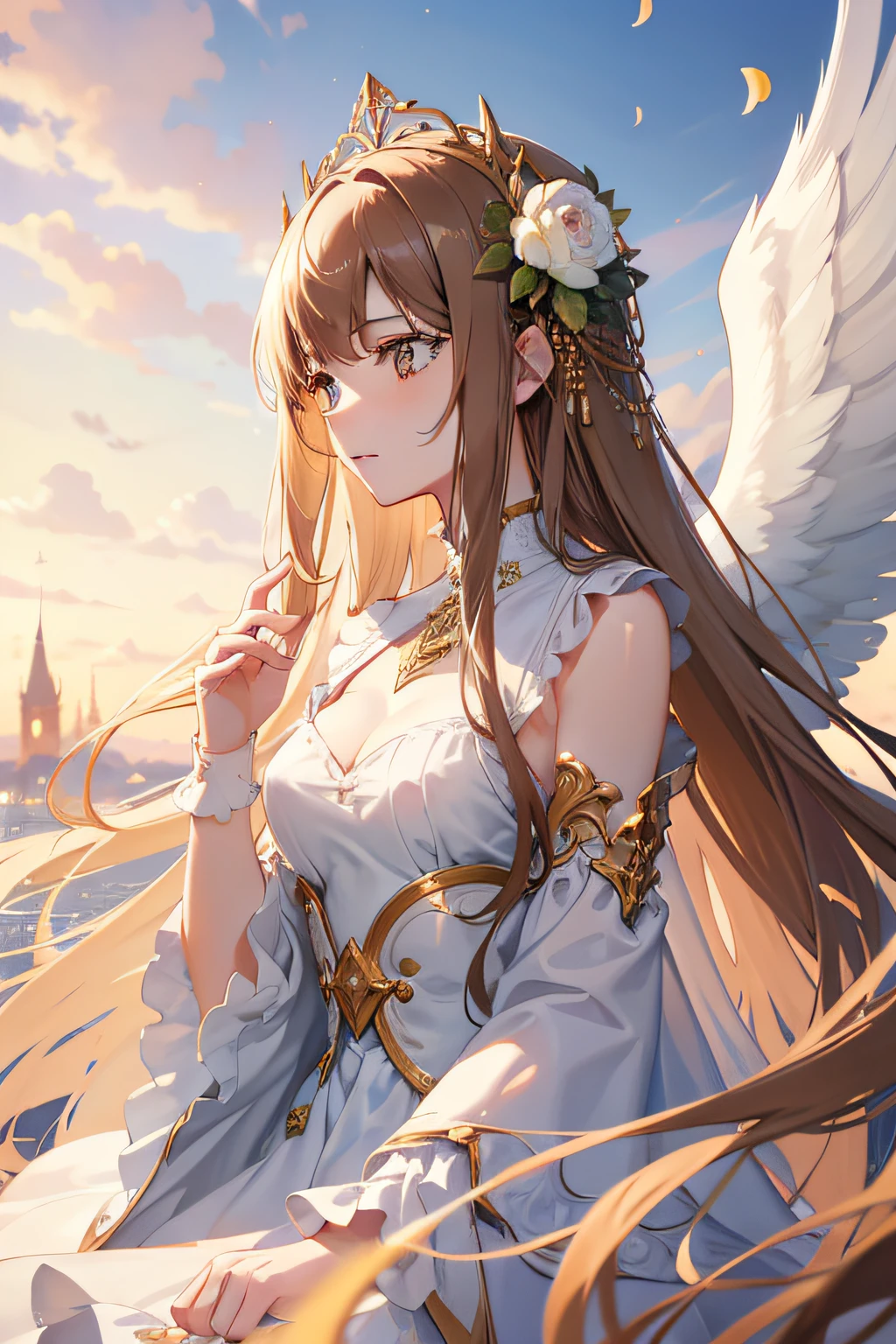 offcial art, Representative works European women, angel, White wings, pale brown hair , Brown eyes, (tmasterpiece、top-quality、A high resolution: 1.4),8K, anime art nouveau, highly detailed exquisite fanart, Anime fantasy illustration, clean and meticulous anime art, detailed anime art, Sharp focus, Delicate and beautiful hair,Eyes and face, hentail realism, ultra - detailed, Flower garden, Sunlight,