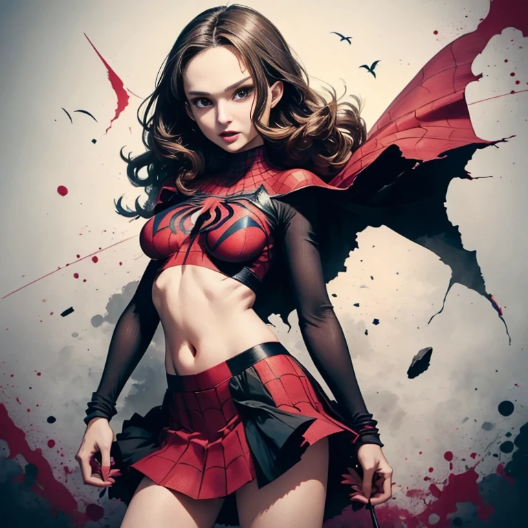 Natalie portman、Sticking out the navel、newyork、She wears a torn Spider-Man suit,wearing skirt、 Red and black color scheme,Dynamic、masterpiece、top-quality、ultra-detailliert、ighly detailed、beautiful detailed brilliance、超A high resolution