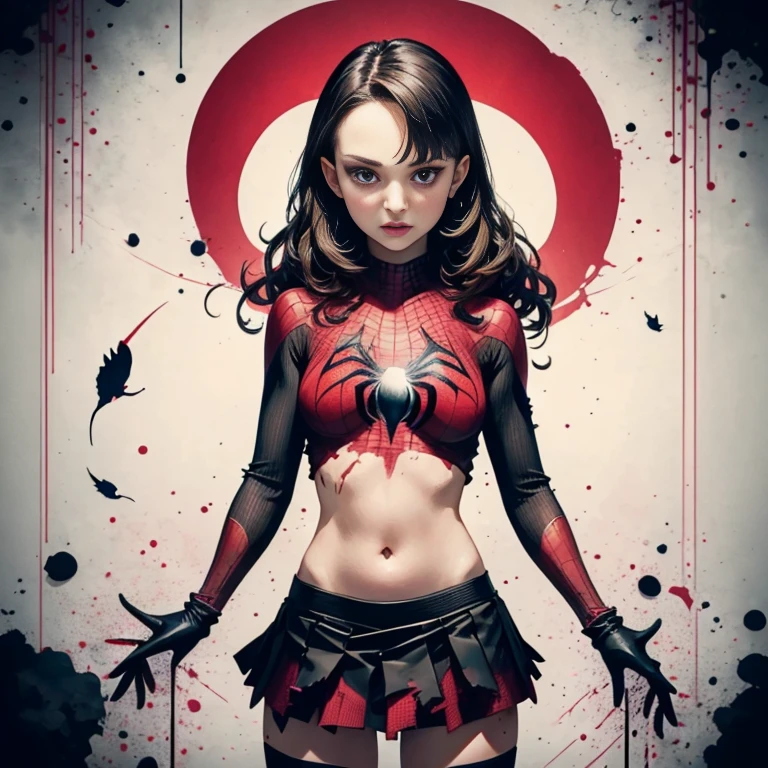 Natalie portman、Sticking out the navel、newyork、She wears a torn Spider-Man suit,wearing skirt、 Red and black color scheme,Dynamic、masterpiece、top-quality、ultra-detailliert、ighly detailed、beautiful detailed brilliance、超A high resolution
