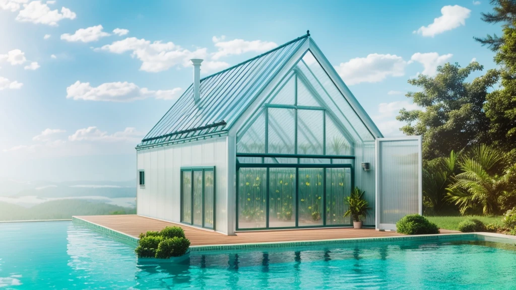 Greenhouse in the forest、florals、swimming pools、4k