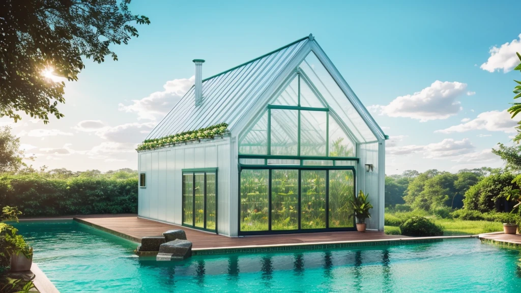 Greenhouse in the forest、florals、swimming pools、4k
