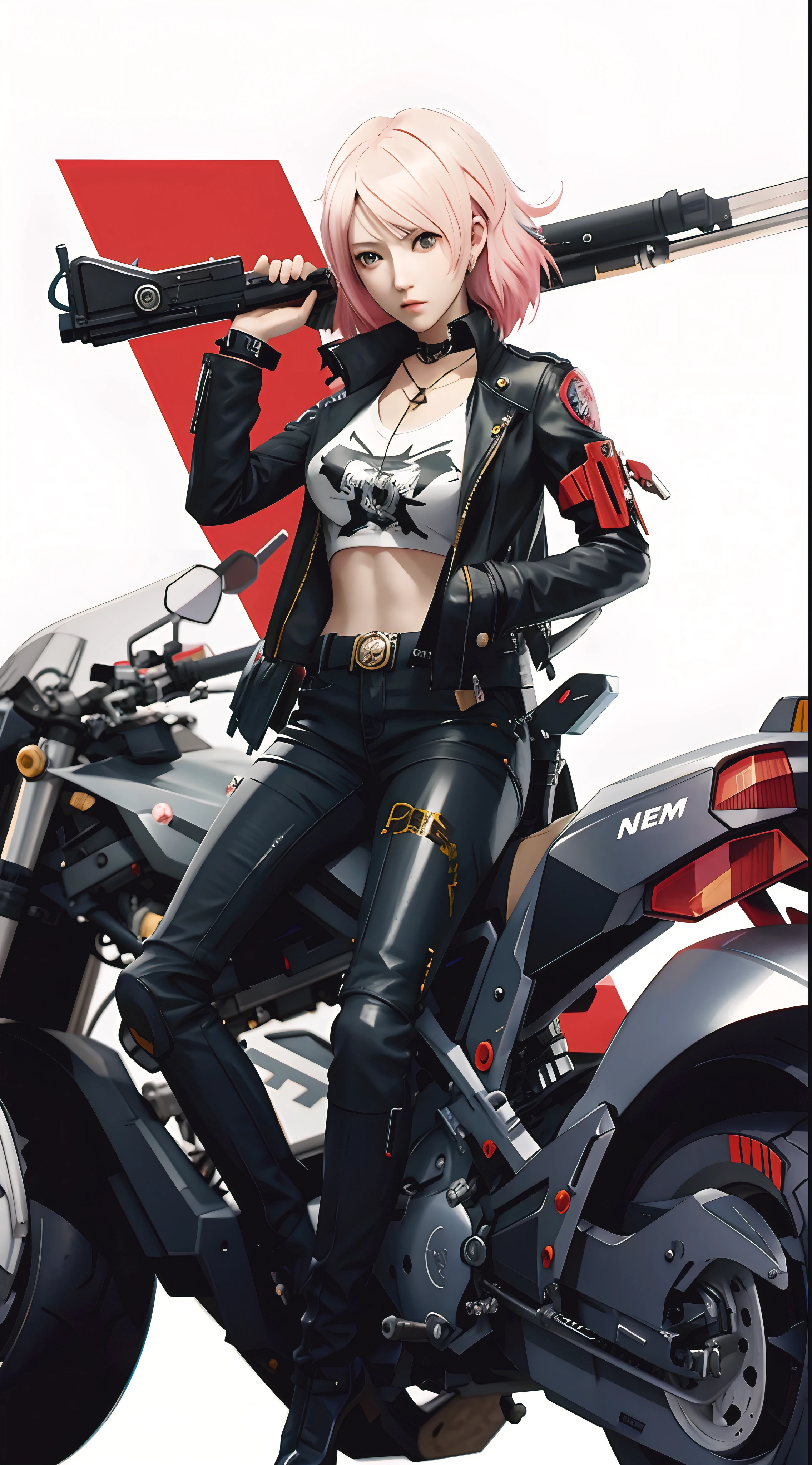 anime girl sitting on a motorcycle with a gun on her shoulder, persona 5 art style wlop, badass anime 8 k, rumble roses, no more heroes concept art, cushart krenz key art feminine, persona 5 style, by Yang J, sitting on cyberpunk motorbike, motorcycle concept art, made with anime painter studio, female action anime girl, motorbiker, nikke sugar character