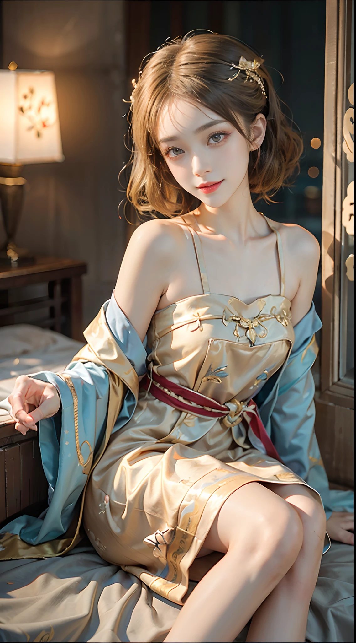 ((knee shot)), Shot from a random perspective, ancient chinese beauti, Random scenes, posed for photo, ellegance, dignified, slim, Slimming the waist, curlies, period costume, Hanfu, Tang suit, cropped shoulders, China-style, Floral, Pattern, high-waist, Nice belt, golden hair, warm lights, Warm tones Slender legs, Cross ed leg, the night, rays of moonlight, inside in room, Lying in bed, warm lights, a warm color palette, Dynamic pose, posing elegantly, blonde hair, streaked hair, hair ornament, heart-shaped pupils, makeup, light smile, shy, licking lips, Romanticism, Social realism, chiaroscuro, motion blur, anaglyph, Sony FE GM, UHD, masterpiece, textured skin, super detail, best quality
