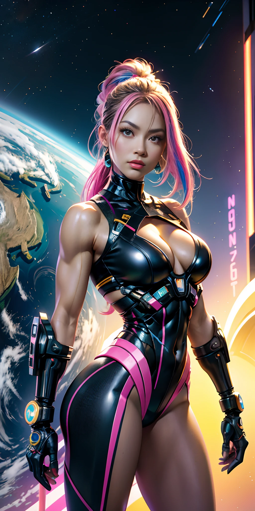 CHICA cyborg retrofuturista con un planeta hyperrealista con detalles y partes de ciborg ,colores de neon,big tits ,muscle ,ciborg retro,futurista