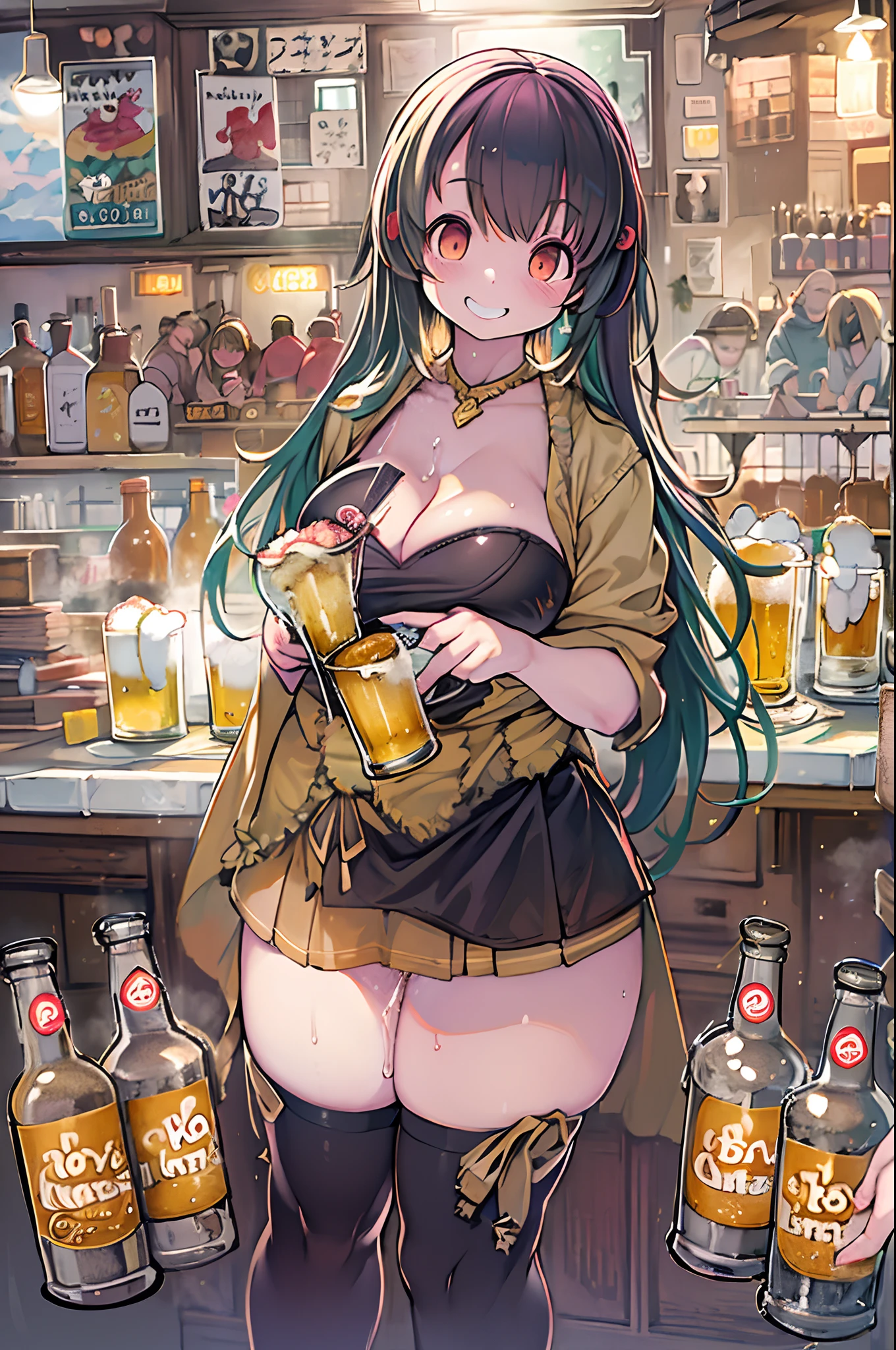 masutepiece, Best Quality, 女の子1人、huge-breasted、bbw、drinking beer、huge smile