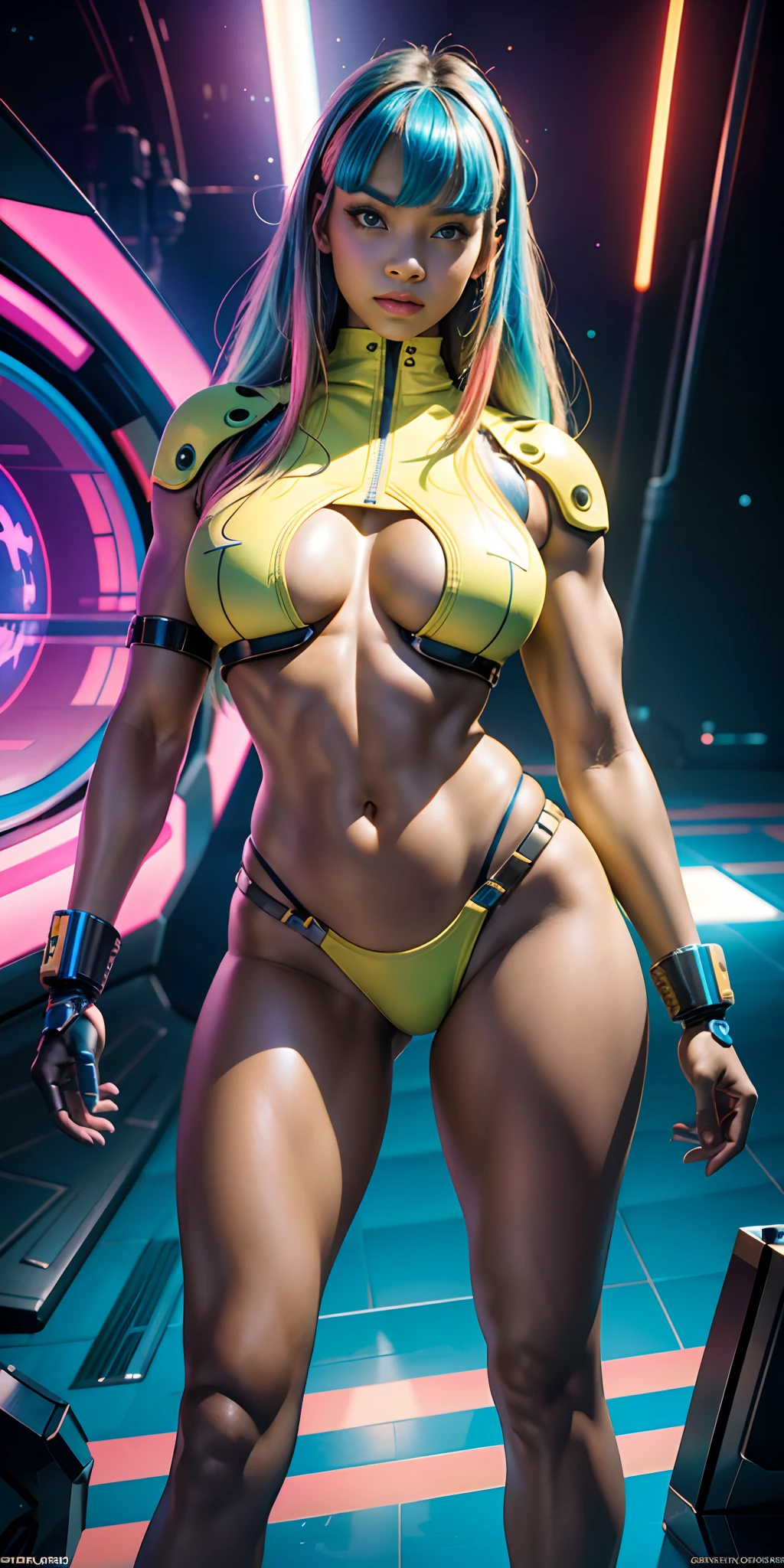 CHICA cyborg retrofuturista con un planeta hyperrealista con detalles y partes de ciborg ,colores de neon,big tits ,muscle ,ciborg retro,futurista