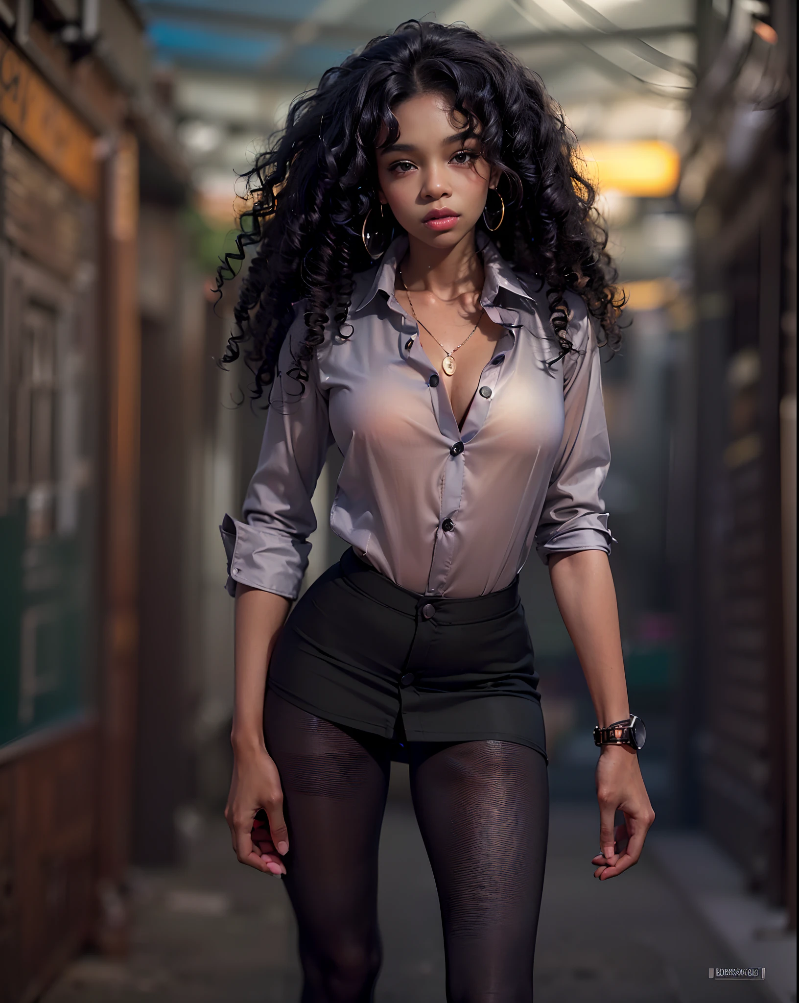 ((17-year-old))) mixed black girl, (((light skin))), (((close-up, full body pose))), (((long curly black hair))), (((seamless black pantyhose))), (((wearing mans button-up shirt, unbuttoned))), Rich, Deep Colours, (intricate details:0.9), (HDR, hyper-detailing:1.2), (natural skin textures, hyper realisitc, glistening skin, soft light, Sharp),