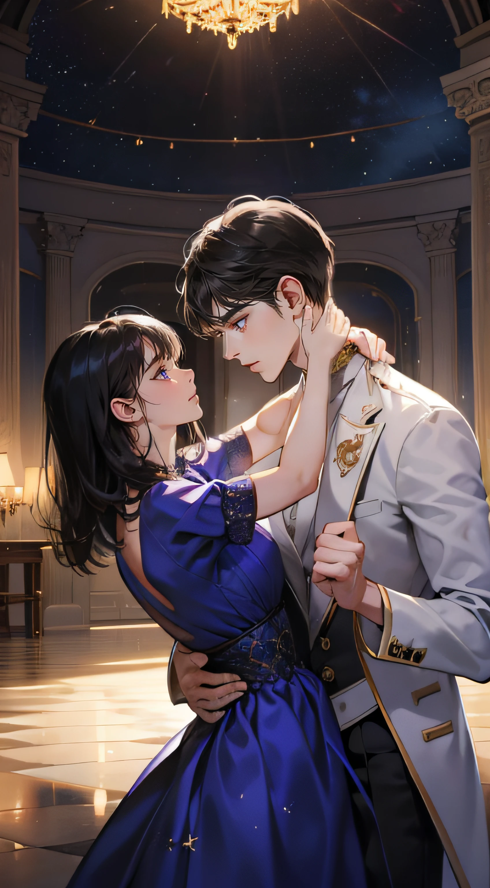 Romantic couples look at each other, The man picks the woman up, a mature man with black hair,Girl with short black hair with tassels (Soft smile, Shy),Different heights ((Men are taller)), glowing stars,Glow effects, the night,In the banquet hall,The face is clear and accurate,detail in face,super-fine,Castle,16K resolution,High quality, High picture detail,dynamic viewing angle,Epic shooting,oc rendered, Dance Floor, Detailed light, detailed shadow