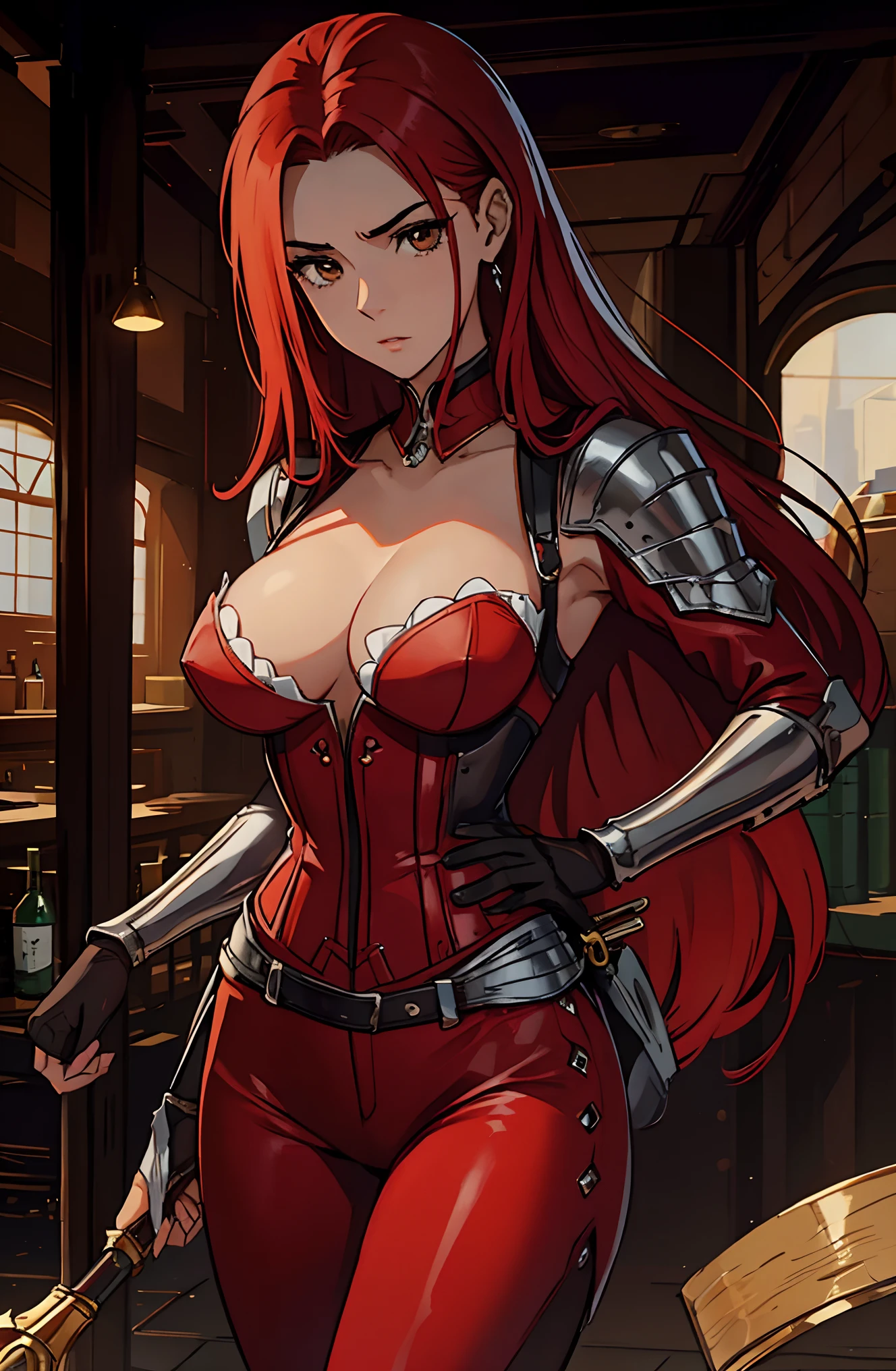 Erza Scarlet is one of the main characters in the series. The young woman with scarlet hair and brown eyes is described as an amazing woman, very strict and who does not admit when others make mistakes. She's a slender, Figura elegante com curvas bem desenhadas. Her most common attire consists of a corset with custom-made laces, a pair of black pants, Botas pretas e brincos em forma de diamante, in high resolution, circunstanciado ((melhor qualidade))