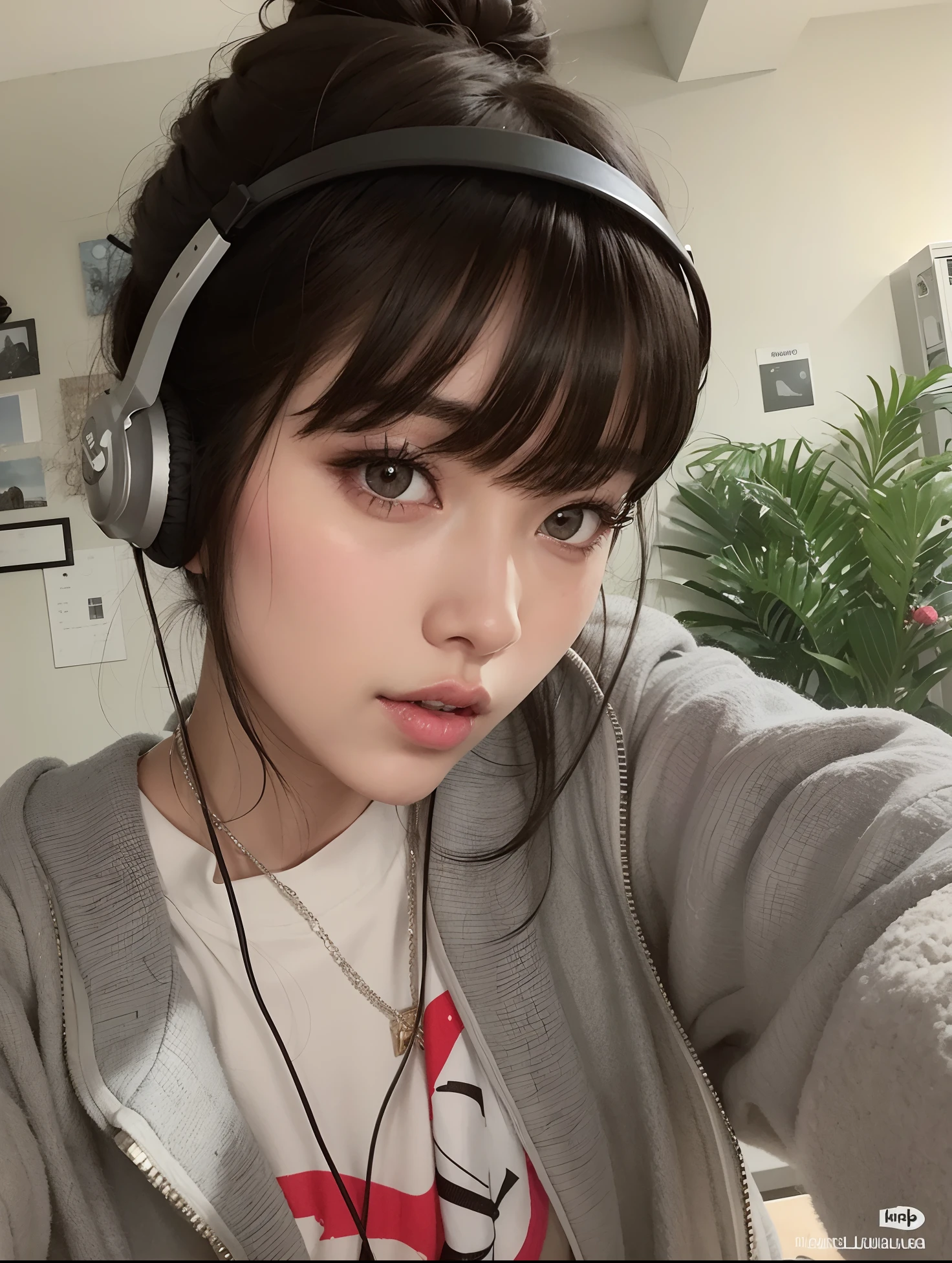 Mujer arafed con auriculares y una chaqueta gris, ulzzang, con flequillo, Ella tiene el pelo negro con flequillo, con auriculares, Chica coreana, con flequillo completo, Cabello limpio con flequillo, con auriculares, Lalisa Manobal, 🤤 girl portrait, Sakimichan, Lalisa Manoban de Blackpink, Hermosa mujer surcoreana
