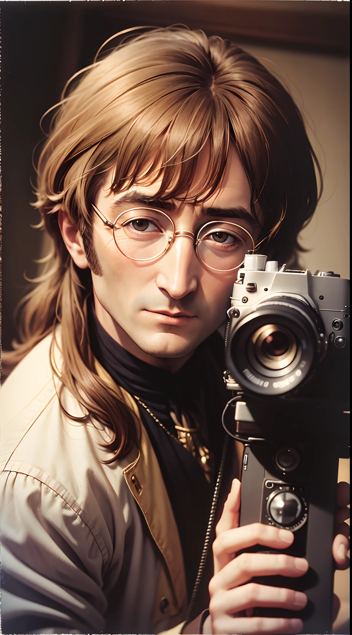 Medium format film photo of John Lennon looking directly into the camera, Altamente realista