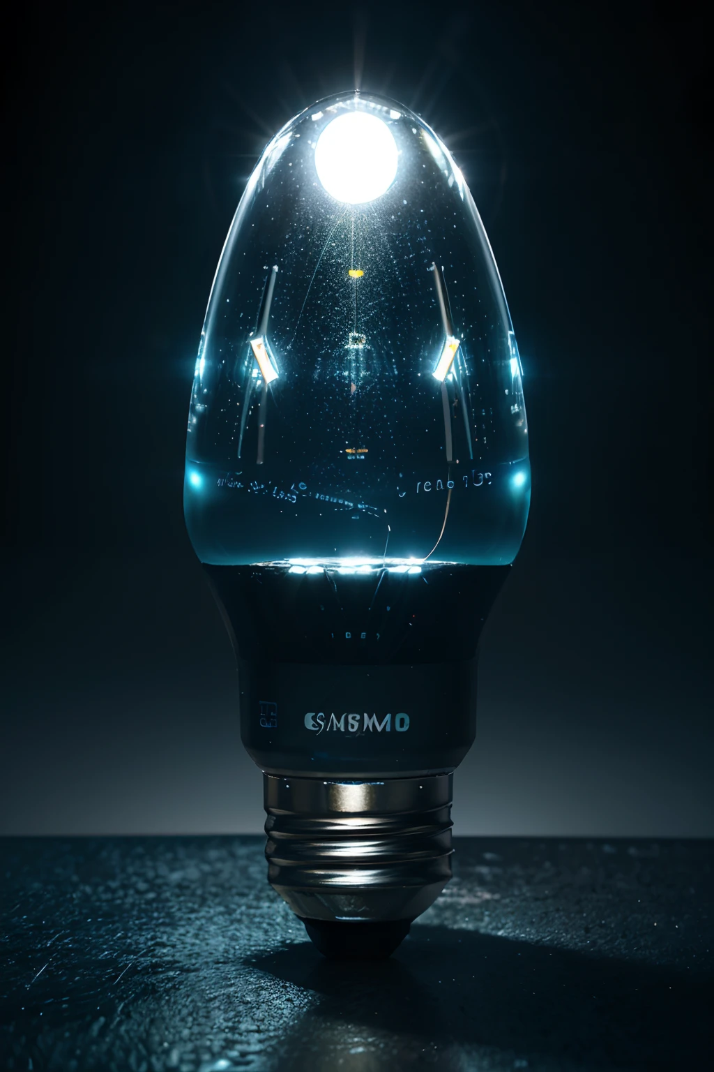 Lightbulb led, detailed, realistic, glowing , light reflection, shadows and highlights, shine and sparkle on the glass surface, electricity flowing , ultra-fine details, metallic materials, futuristic concept, digital art style, vivid colors, subtle color gradients, soft lighting, studio lighting effect, bokeh, background blue and black