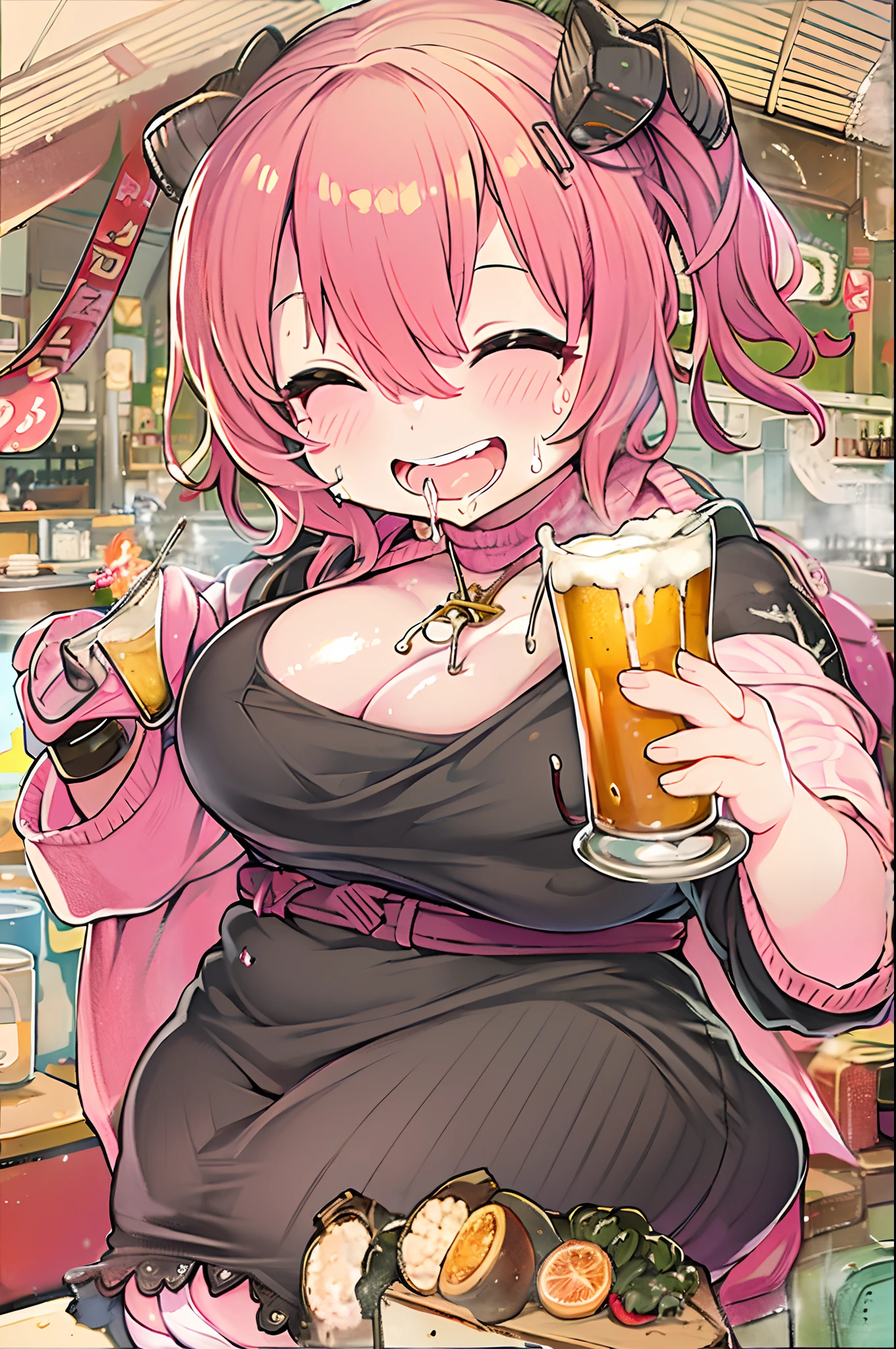 masutepiece, Best Quality, 1人、huge-breasted、bbw、drinking beer、huge smile、Chibi