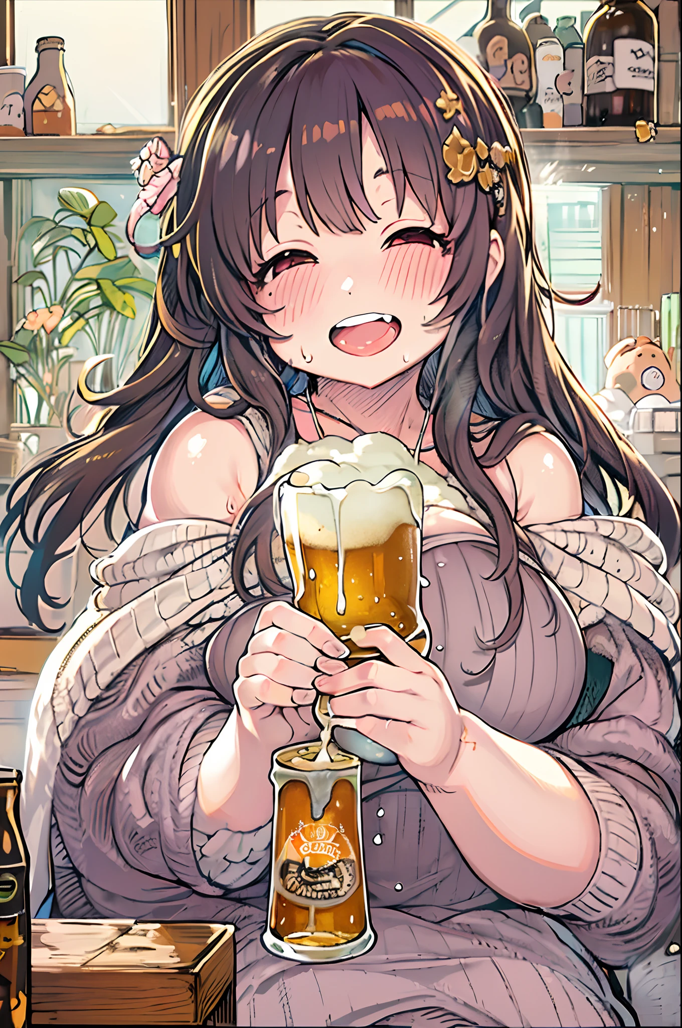 masutepiece, Best Quality, 1人、huge-breasted、bbw、drinking beer、huge smile、Chibi