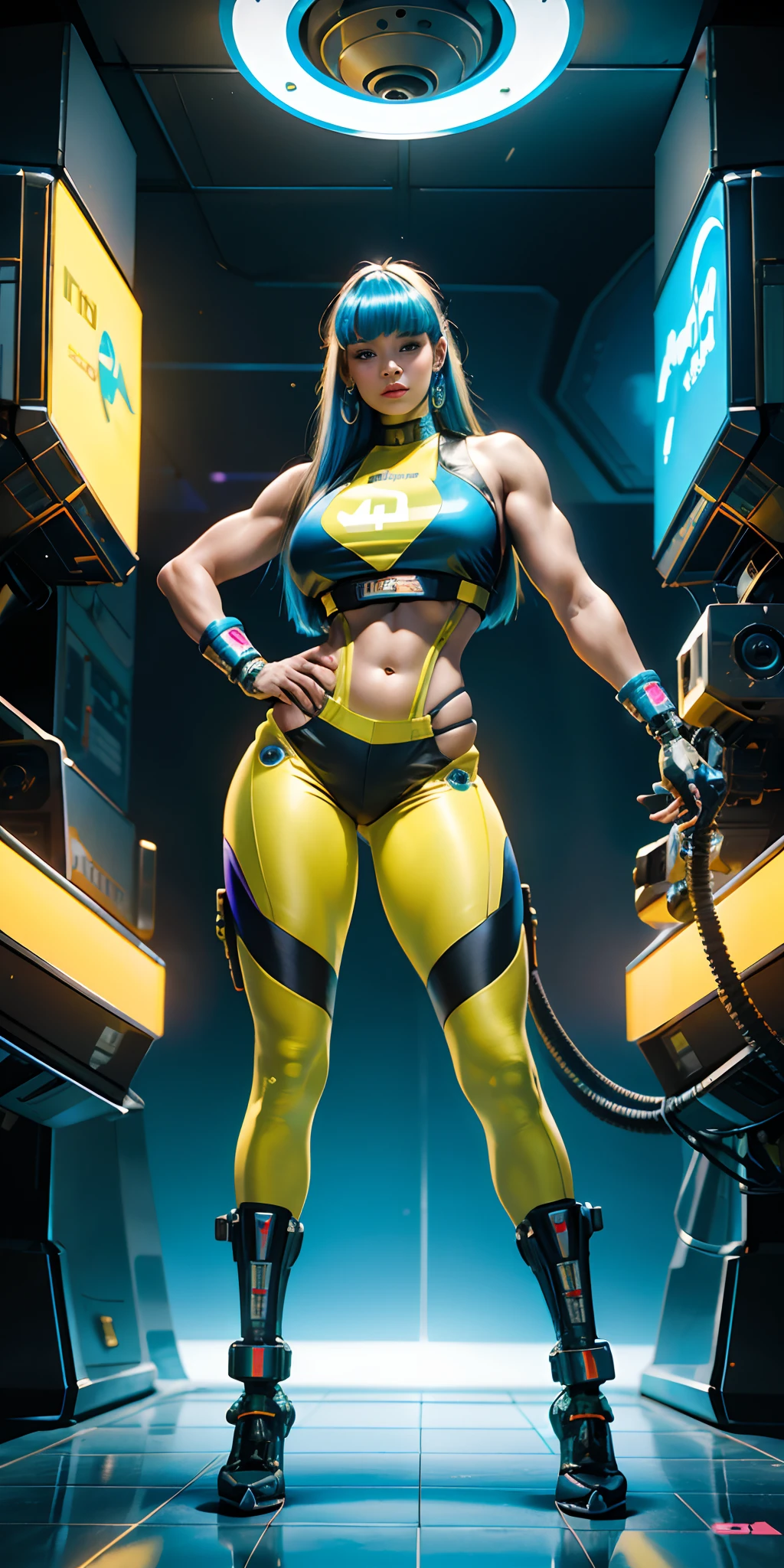CHICA cyborg retrofuturista con un planeta hyperrealista con detalles y partes de ciborg ,colores de neon,big tits ,muscle ,ciborg retro,futurista